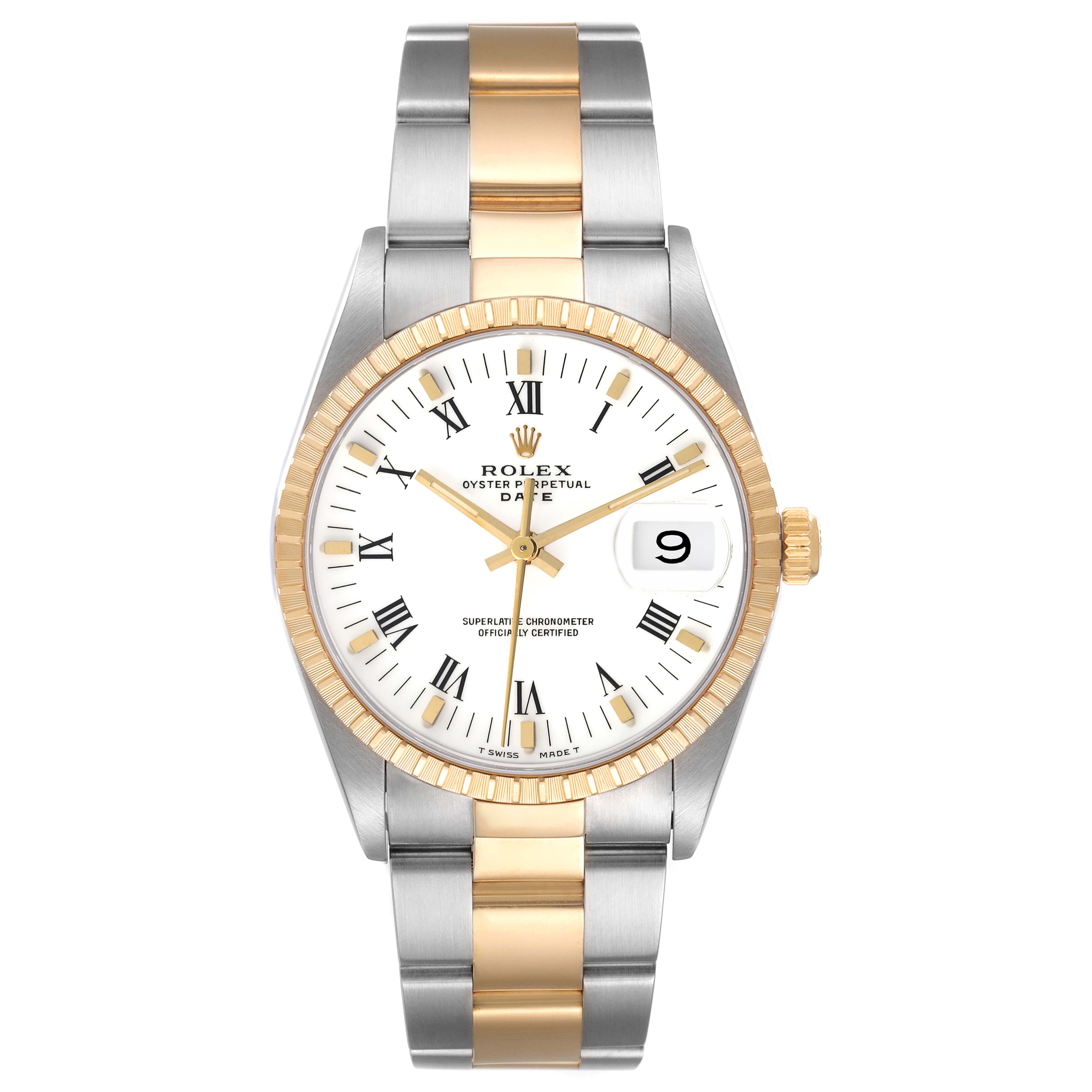 The image shows a frontal view of the Rolex Date 15223 Men's Steel and Gold (two tone) White Dial 15223 Men's Steel and Gold (two tone) White Dial, highlighting the dial, bezel, bracelet, and crown.