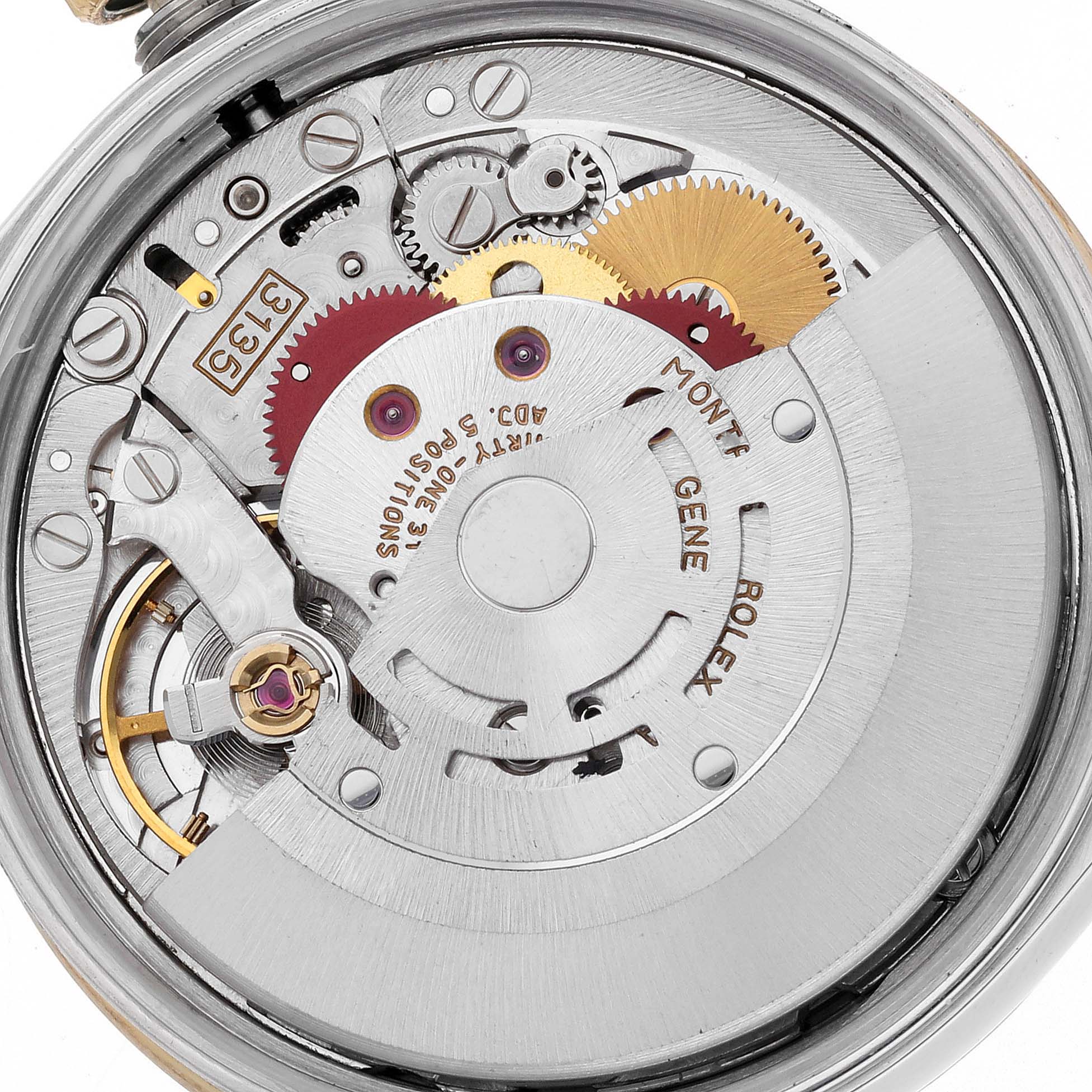 The image shows the movement and inner mechanics of a Rolex Date 15223 Men's Steel and Gold (two tone) White Dial 15223 Men's Steel and Gold (two tone) White Dial model from a top-down perspective.