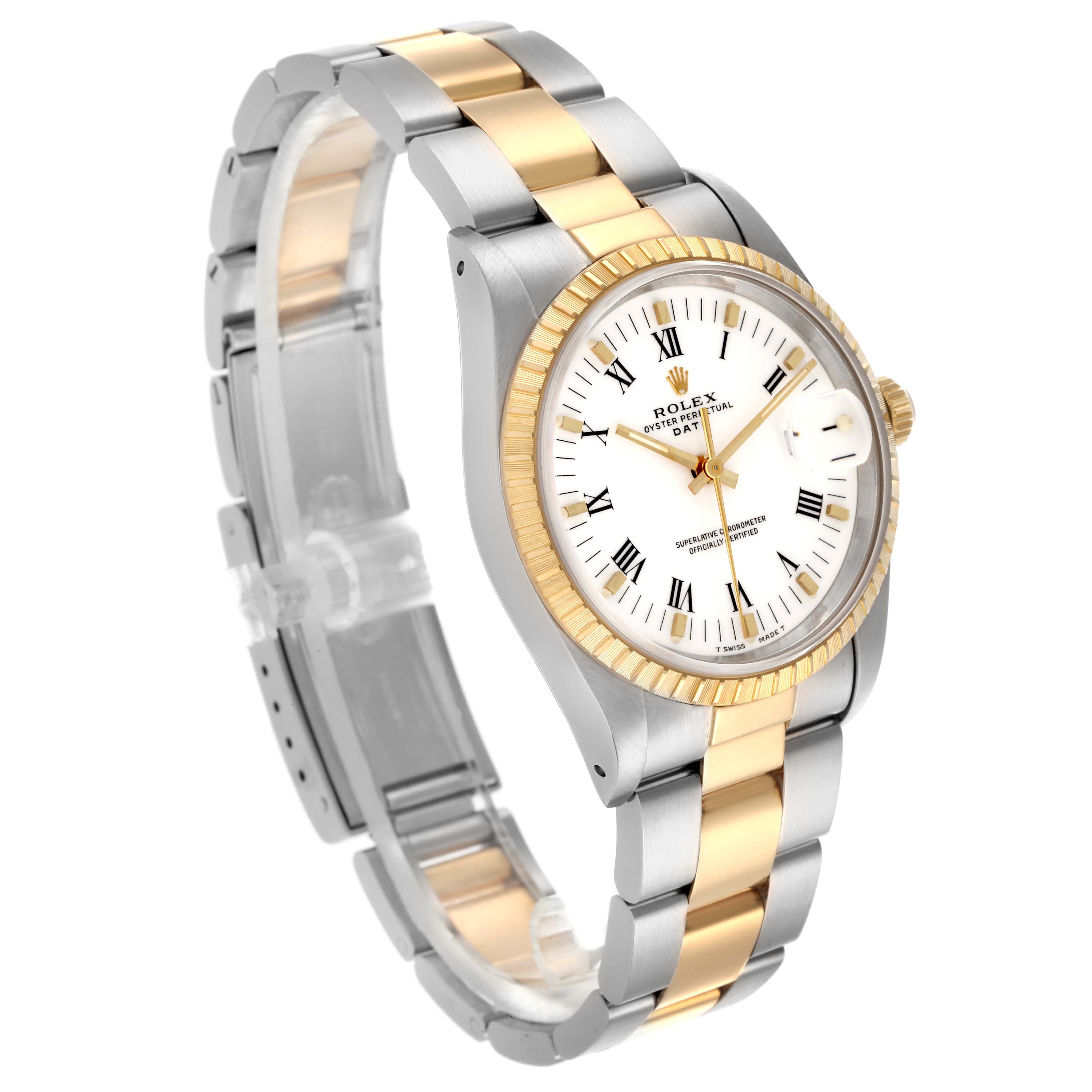 The Rolex Date 15223 Men's Steel and Gold (two tone) White Dial 15223 Men's Steel and Gold (two tone) White Dial model is shown at a three-quarter angle, highlighting the dial, bezel, and two-tone bracelet.