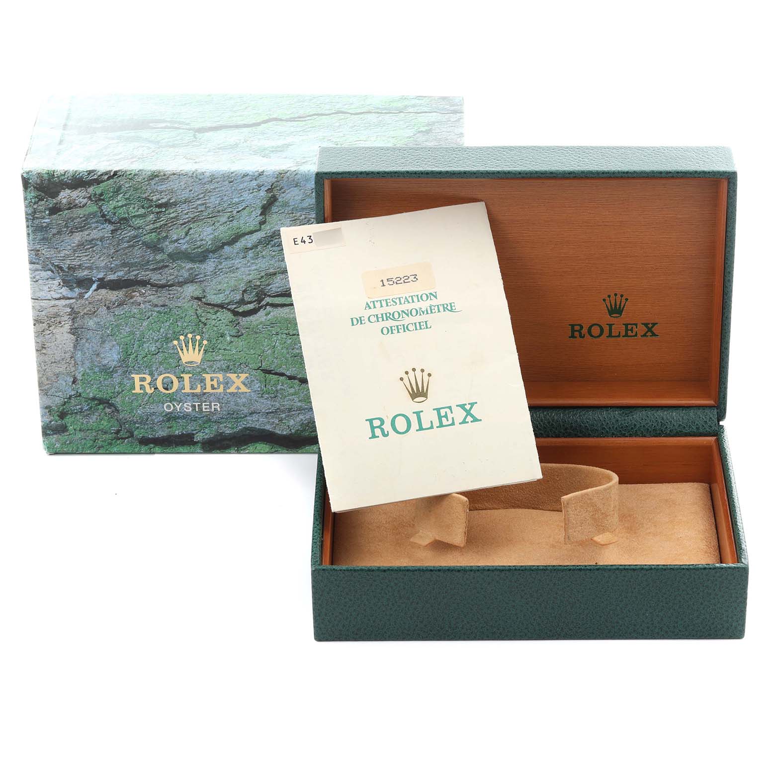 The image shows a Rolex Date 15223 Men's Steel and Gold (two tone) White Dial 15223 Men's Steel and Gold (two tone) White Dial model box, booklet, and watch pillow at an angle displaying open packaging.