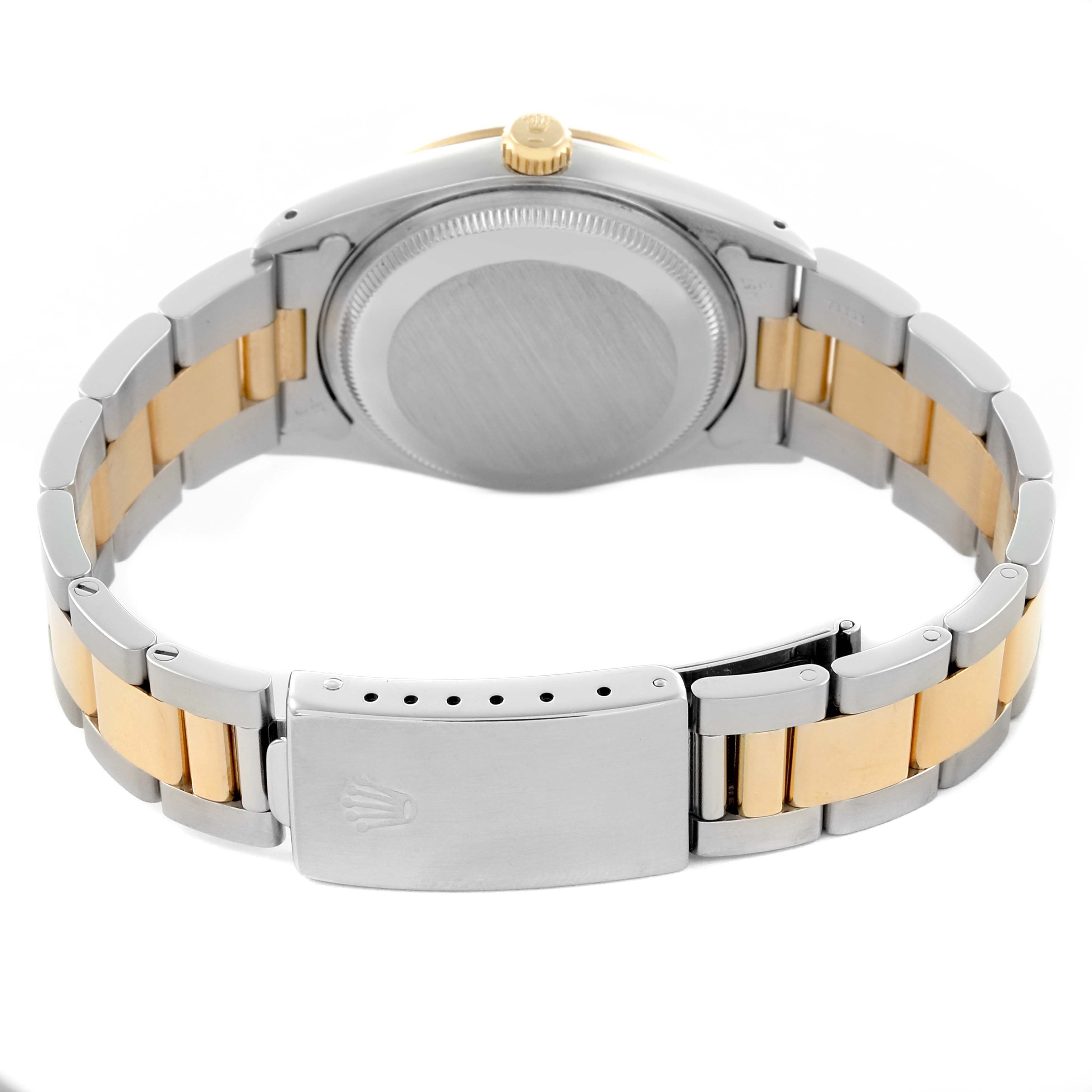 The image shows the back and clasp of a Rolex Date 15223 Men's Steel and Gold (two tone) White Dial 15223 Men's Steel and Gold (two tone) White Dial model, highlighting the two-tone bracelet and case back.