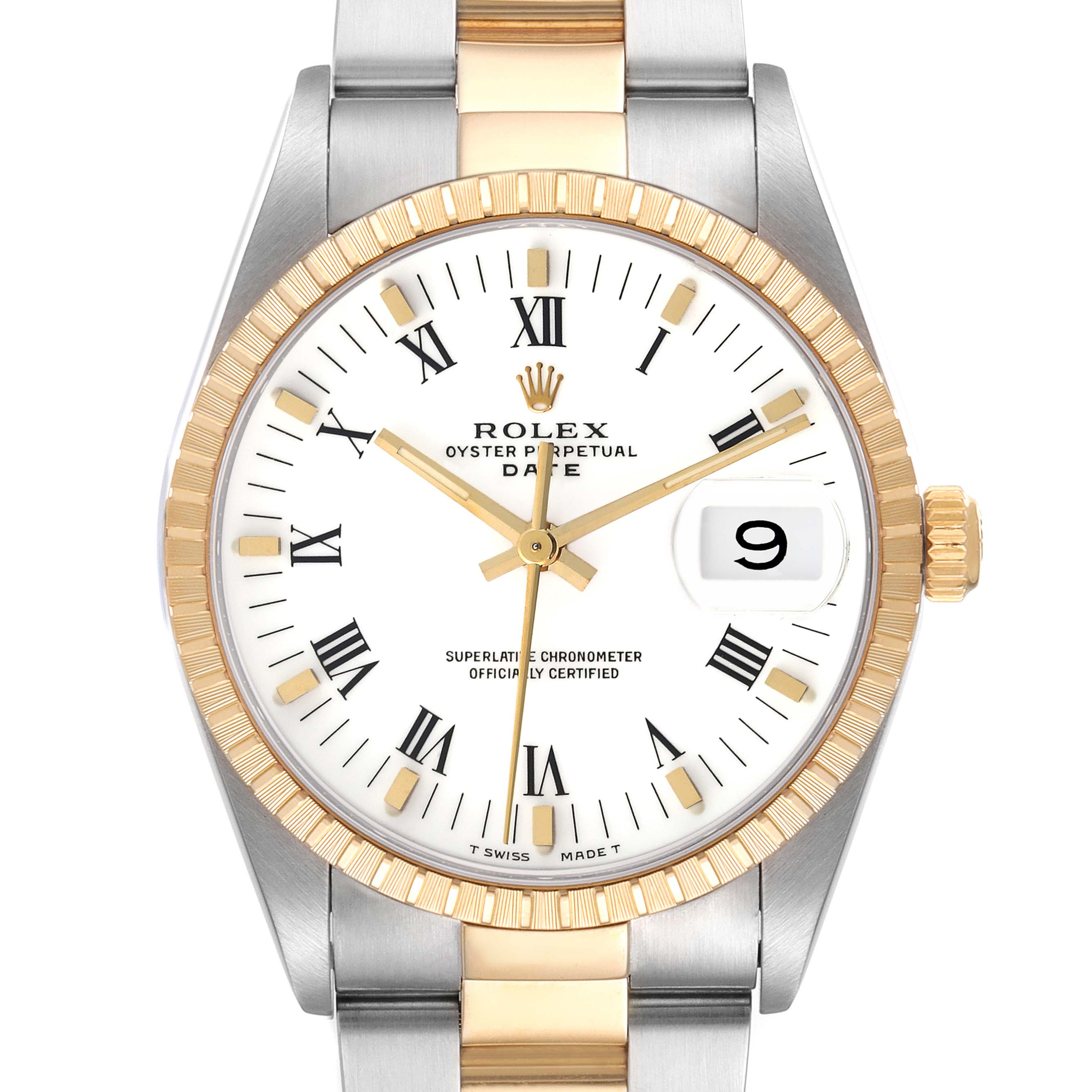 The Rolex Date 15223 Men's Steel and Gold (two tone) White Dial 15223 Men's Steel and Gold (two tone) White Dial watch is shown from a frontal angle, highlighting the face, bezel, and bracelet.