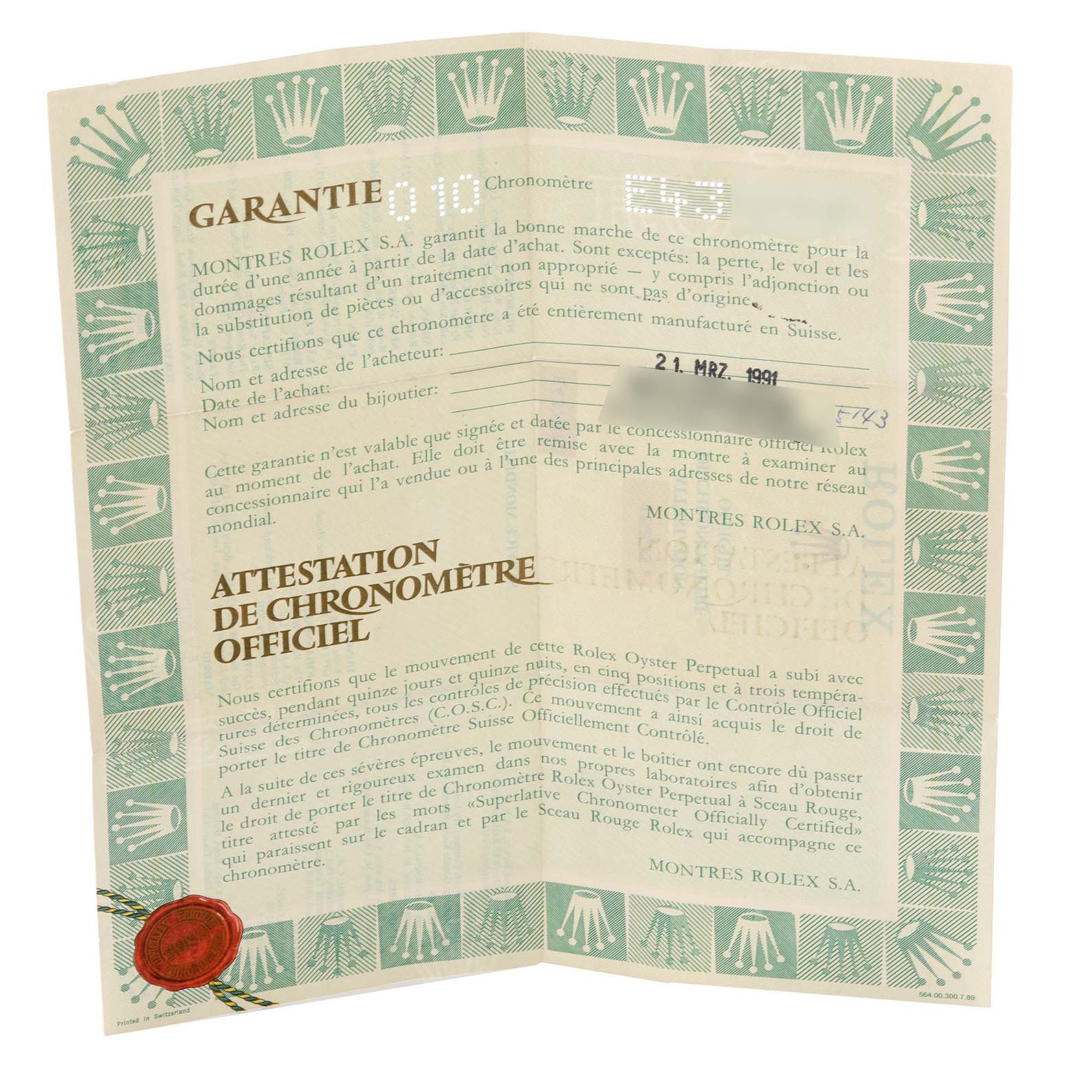 This image shows the warranty certificate for a Rolex Date 15223 Men's Steel and Gold (two tone) White Dial 15223 Men's Steel and Gold (two tone) White Dial model watch, displaying official documentation.