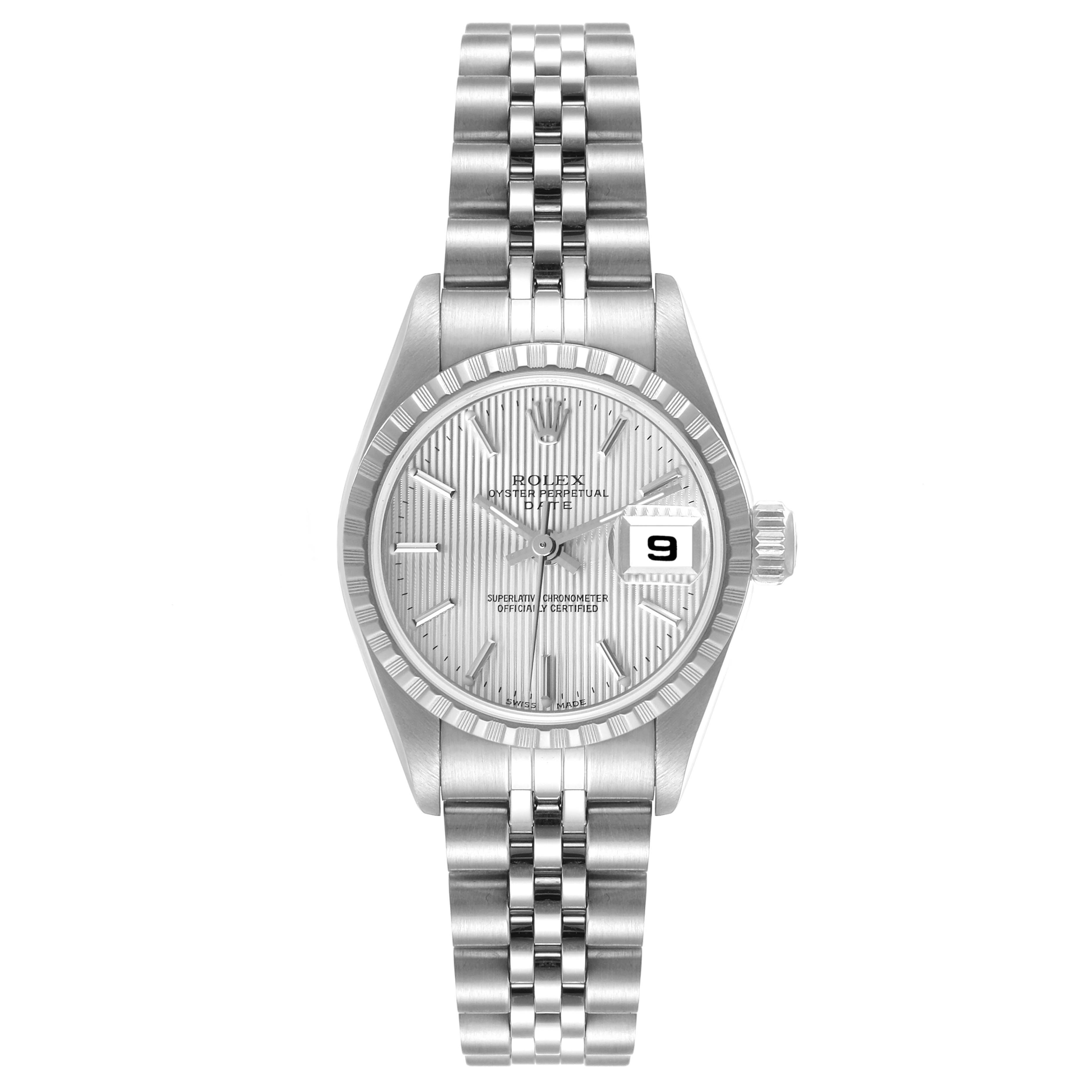 The Rolex Datejust 79240 Women's Stainless Steel Silver Dial 79240 Women's Stainless Steel Silver Dial watch is shown in a front-facing angle, displaying the dial, bezel, bracelet, and date window.