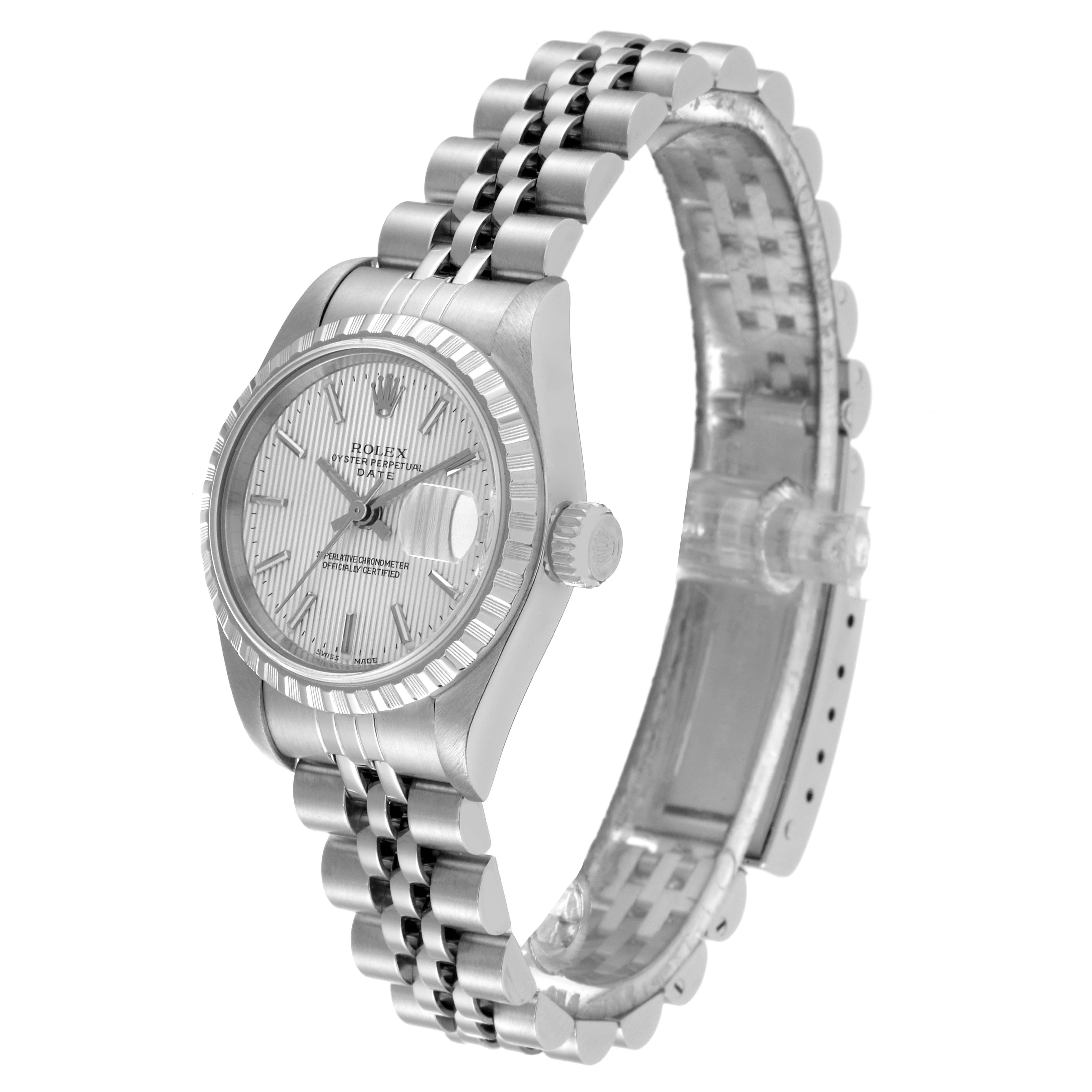 This image shows a side view of a Rolex Datejust 79240 Women's Stainless Steel Silver Dial 79240 Women's Stainless Steel Silver Dial watch, highlighting the dial, bezel, case, and part of the bracelet.