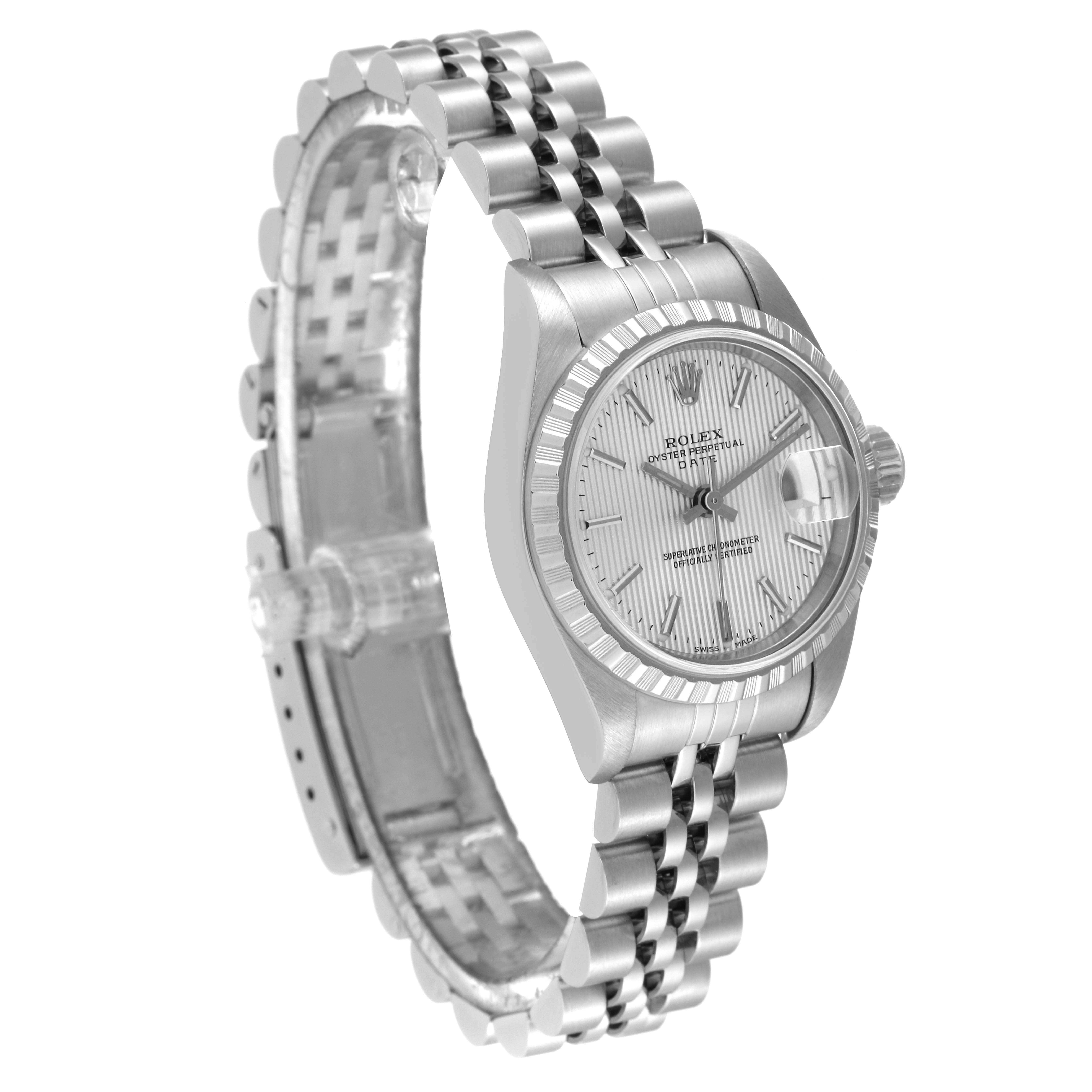 This image shows a side angle of a Rolex Datejust 79240 Women's Stainless Steel Silver Dial 79240 Women's Stainless Steel Silver Dial watch, highlighting the face, bezel, case, and jubilee bracelet.