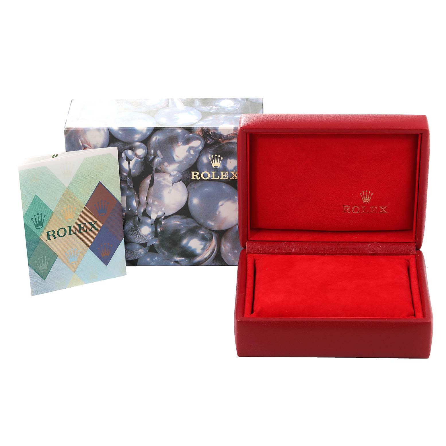 The image shows the packaging and accessories for a Rolex Datejust 79240 Women's Stainless Steel Silver Dial 79240 Women's Stainless Steel Silver Dial watch: an empty red watch box, an outer box, and a booklet.