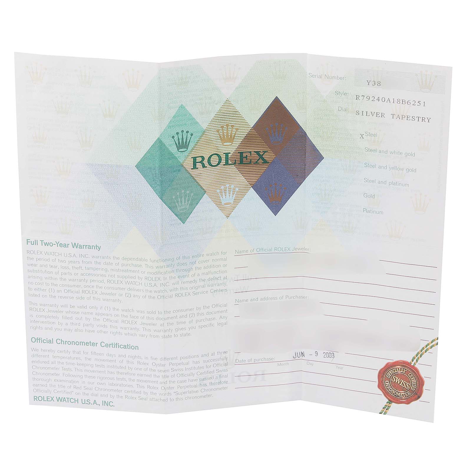 The image shows a warranty certificate for a Rolex Datejust 79240 Women's Stainless Steel Silver Dial 79240 Women's Stainless Steel Silver Dial model watch.