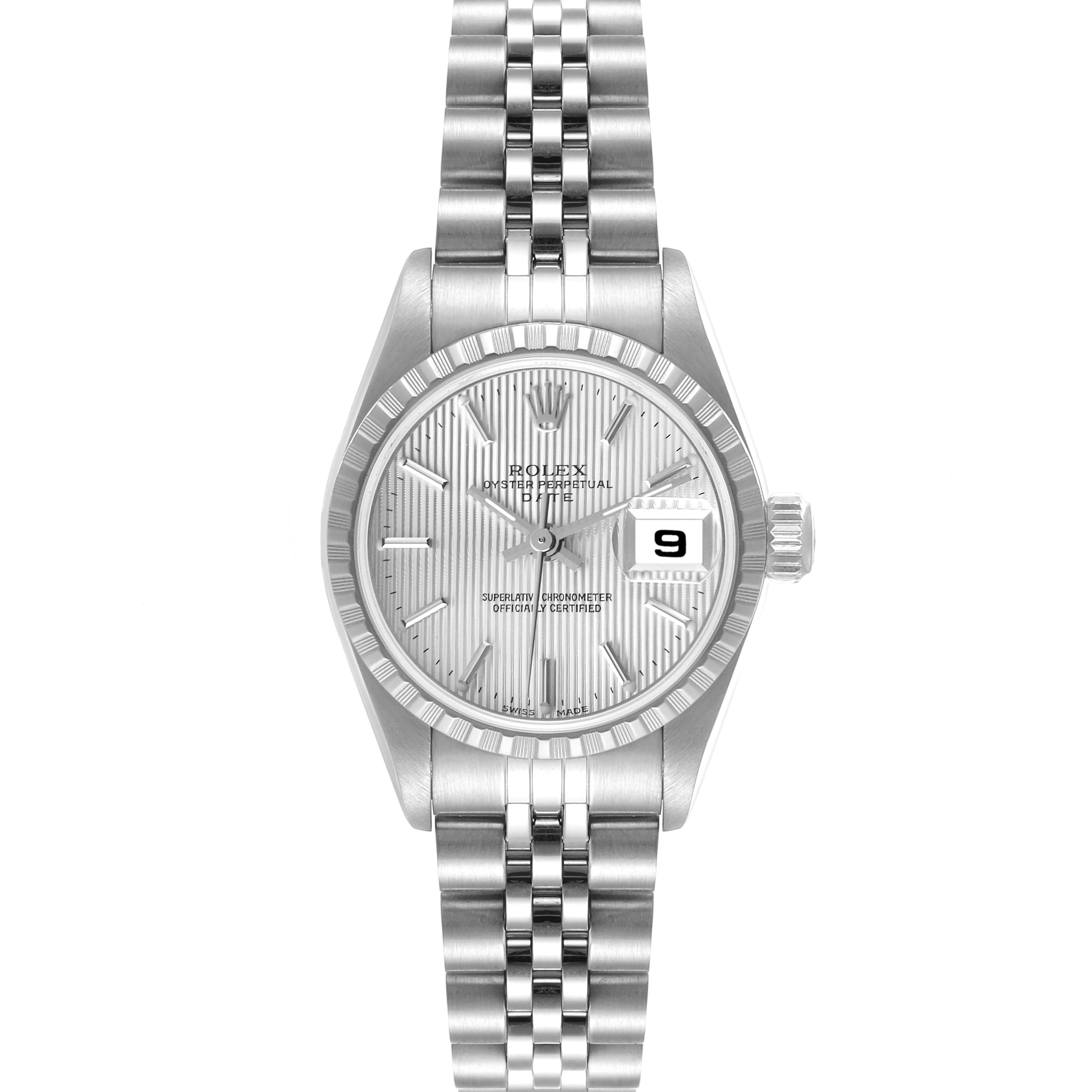 This image shows a front view of a Rolex Datejust 79240 Women's Stainless Steel Silver Dial 79240 Women's Stainless Steel Silver Dial watch, highlighting the dial, bezel, and bracelet.