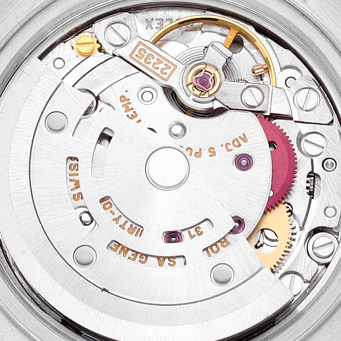 This image shows a close-up of the internal mechanism and movement parts of a Rolex Datejust 79240 Women's Stainless Steel Silver Dial 79240 Women's Stainless Steel Silver Dial watch.