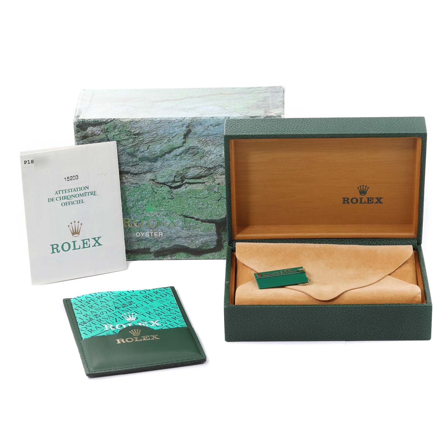 The image shows the box, pouch, booklet, and certificate for a Rolex Date 15203 Men's Steel and Gold (two tone) White Dial 15203 Men's Steel and Gold (two tone) White Dial watch.