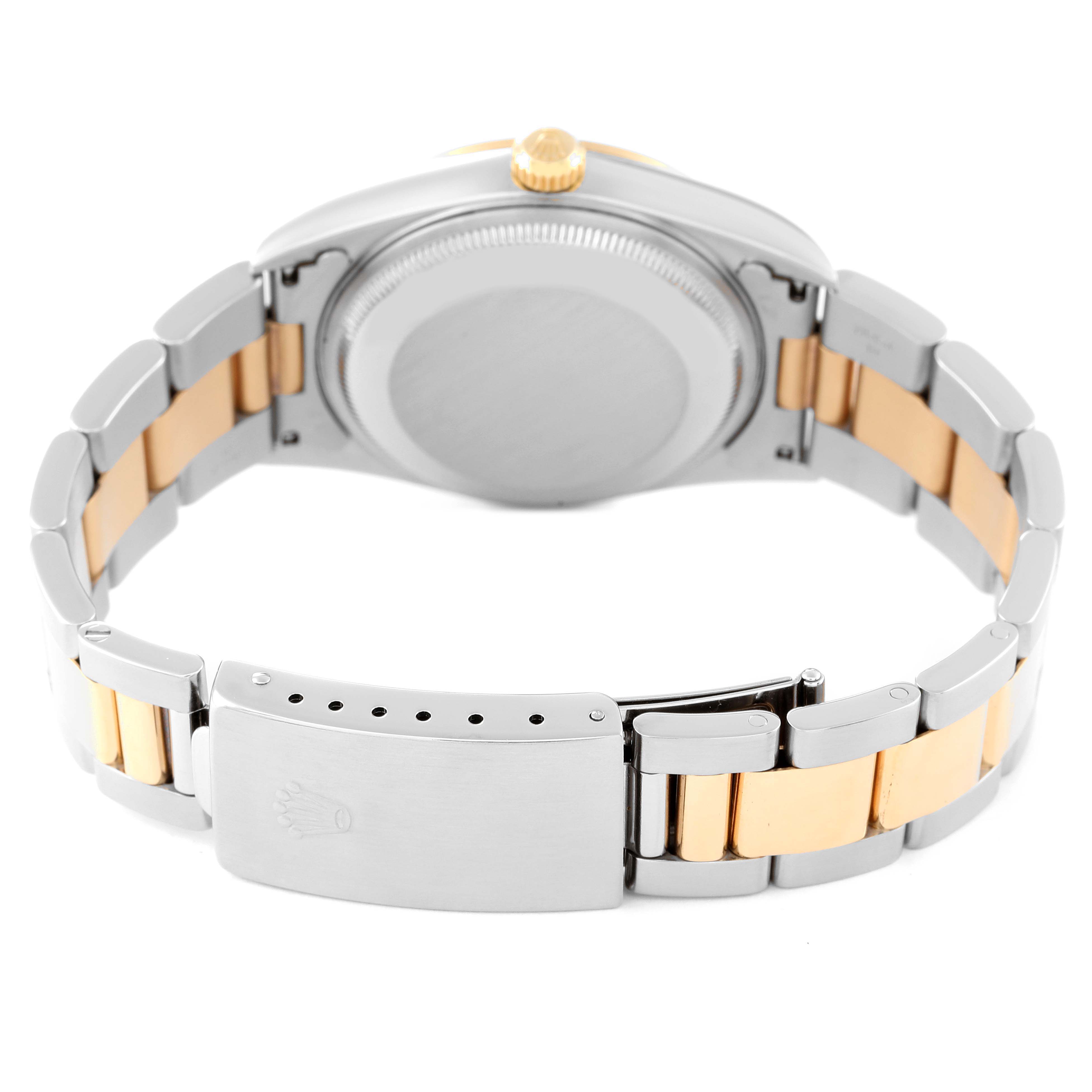 The image shows a Rolex Date 15203 Men's Steel and Gold (two tone) White Dial 15203 Men's Steel and Gold (two tone) White Dial watch from the back angle, displaying its case back, crown, and the two-tone bracelet with a clasp.