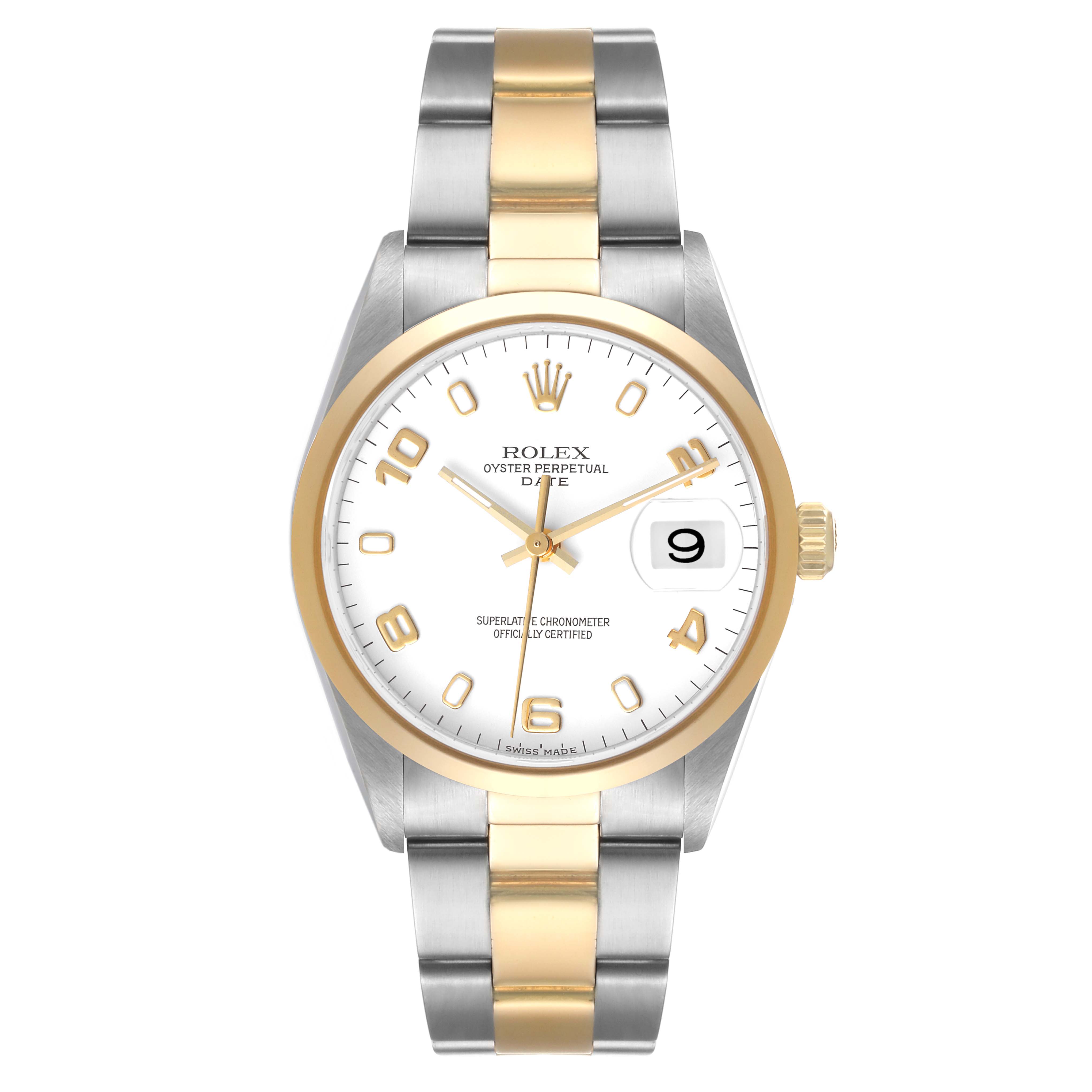 This is a front view of the Rolex Date 15203 Men's Steel and Gold (two tone) White Dial 15203 Men's Steel and Gold (two tone) White Dial model, showing its dial, hands, bezel, and two-tone bracelet.