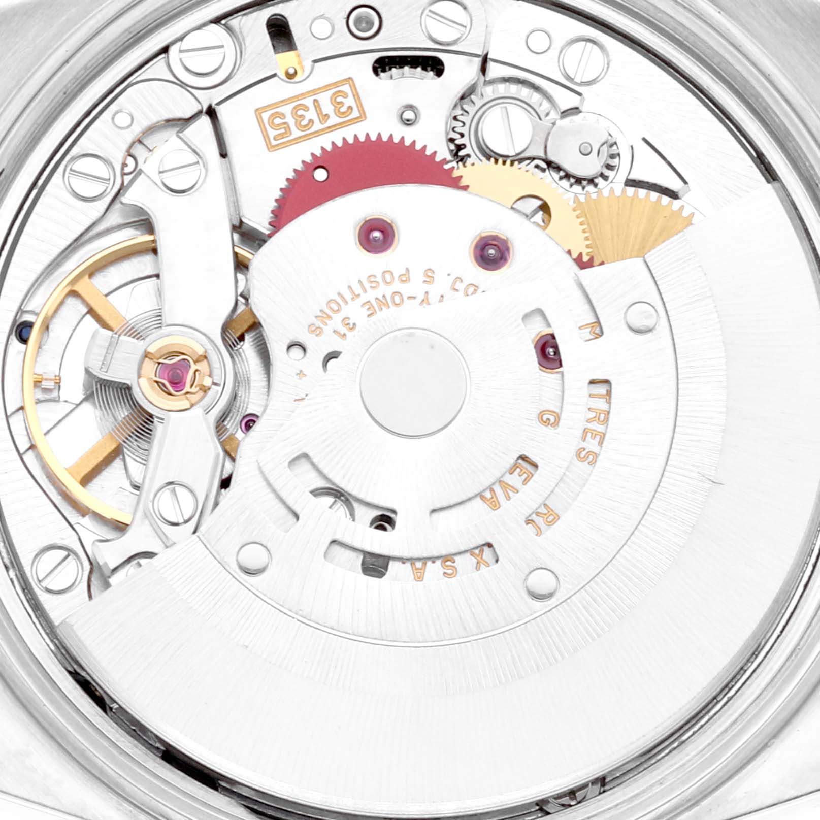 This image shows a close-up view of the movement mechanism of a Rolex Date 15203 Men's Steel and Gold (two tone) White Dial 15203 Men's Steel and Gold (two tone) White Dial model watch.