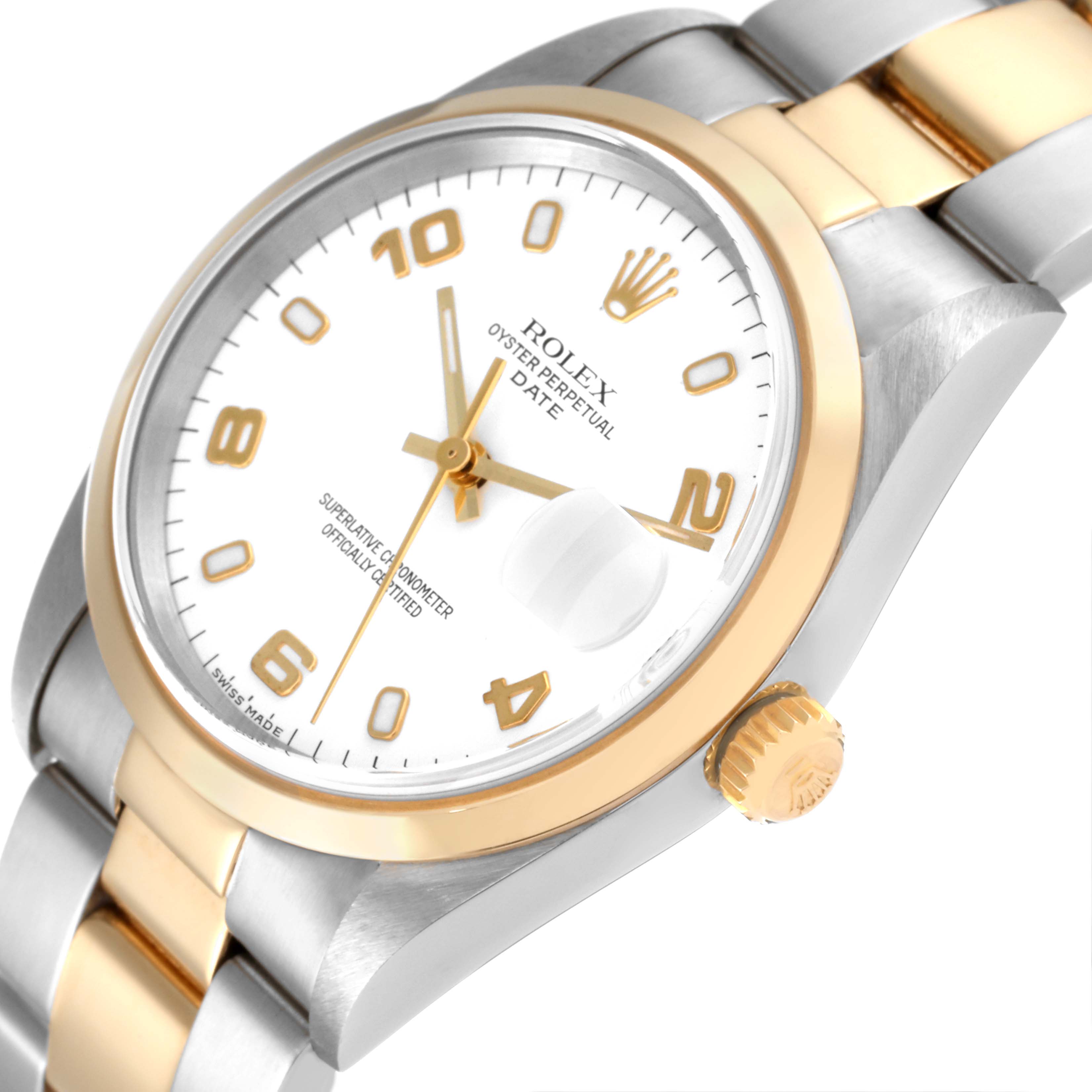 This image shows a close-up, angled view of a Rolex Date 15203 Men's Steel and Gold (two tone) White Dial 15203 Men's Steel and Gold (two tone) White Dial model watch, highlighting the dial, bracelet, and crown.