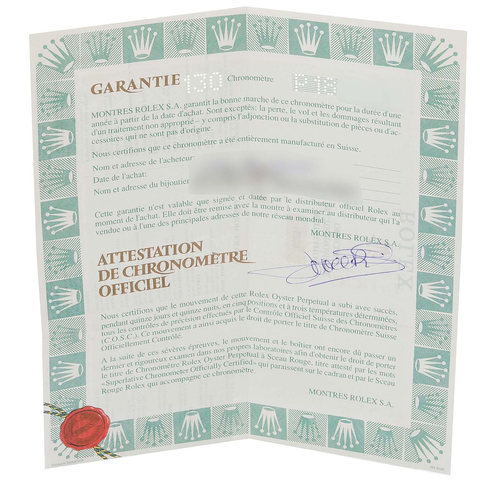 The image shows the warranty certificate and official chronometer certification for the Rolex Date 15203 Men's Steel and Gold (two tone) White Dial 15203 Men's Steel and Gold (two tone) White Dial model.