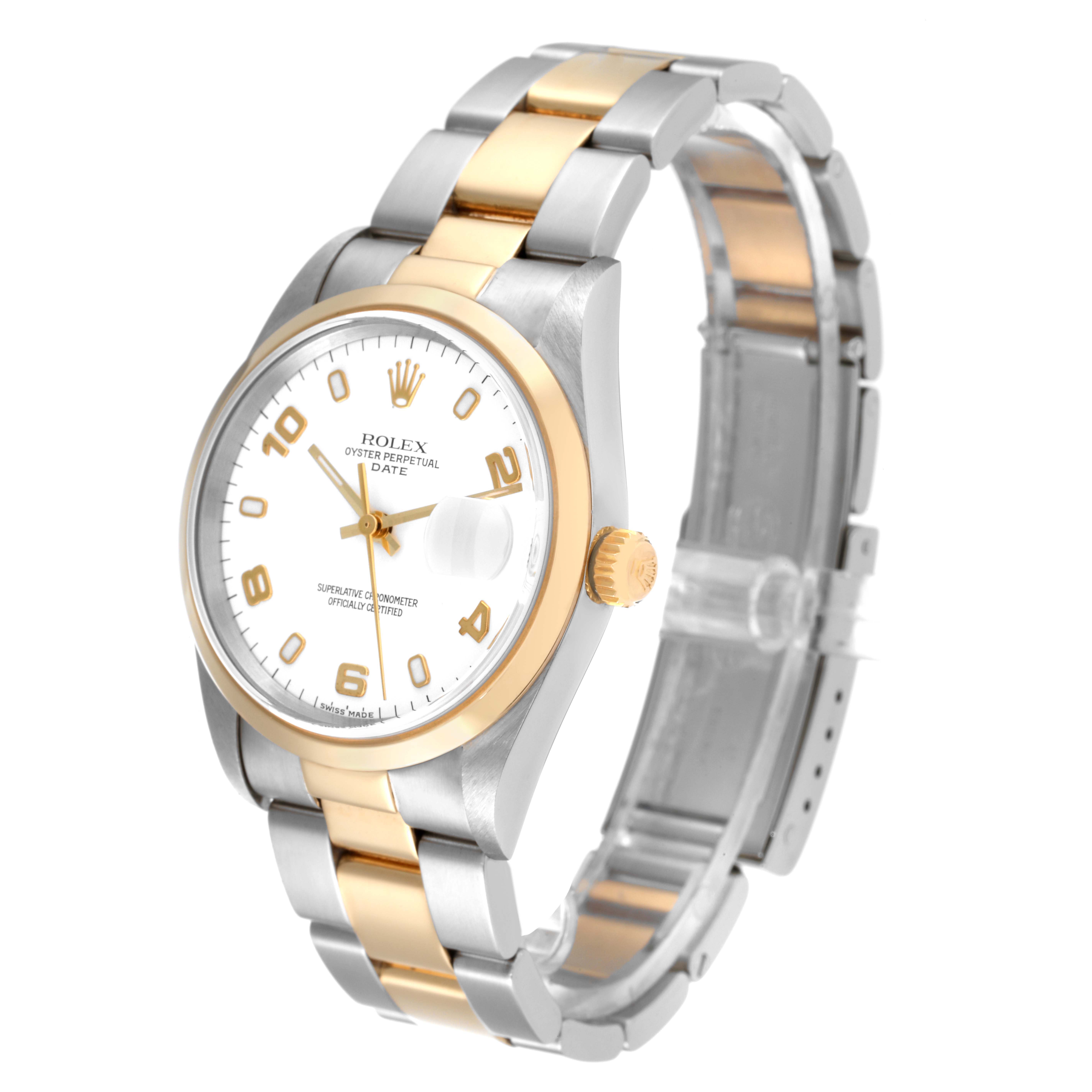 This image shows a Rolex Date 15203 Men's Steel and Gold (two tone) White Dial 15203 Men's Steel and Gold (two tone) White Dial model watch at an angled side view, highlighting the dial, bracelet, and crown.