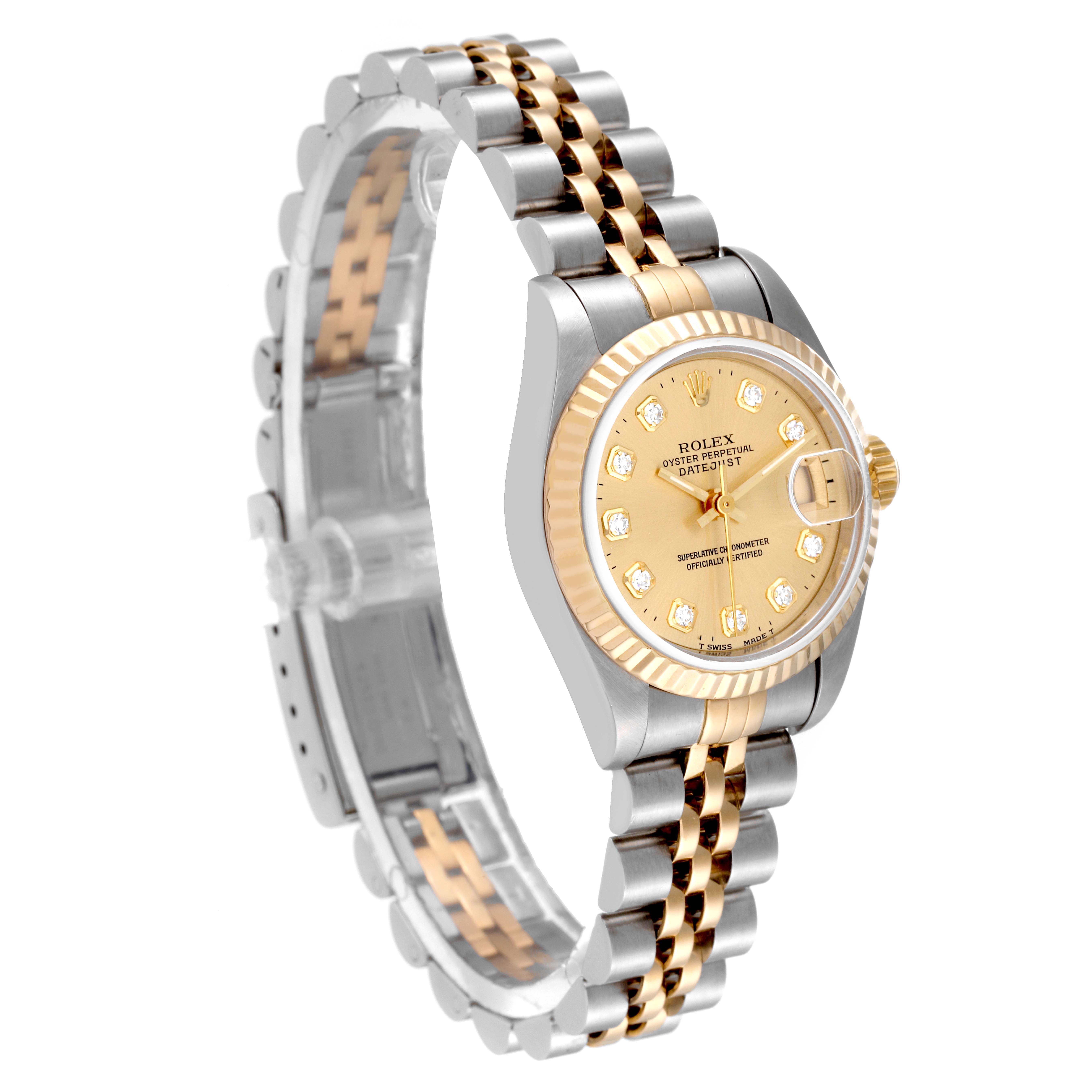 The image shows a Rolex Datejust 69173 Women's Steel and Gold (two tone) Champagne Dial 69173 Women's Steel and Gold (two tone) Champagne Dial watch at a slight angle, highlighting the bracelet, dial, and fluted bezel.