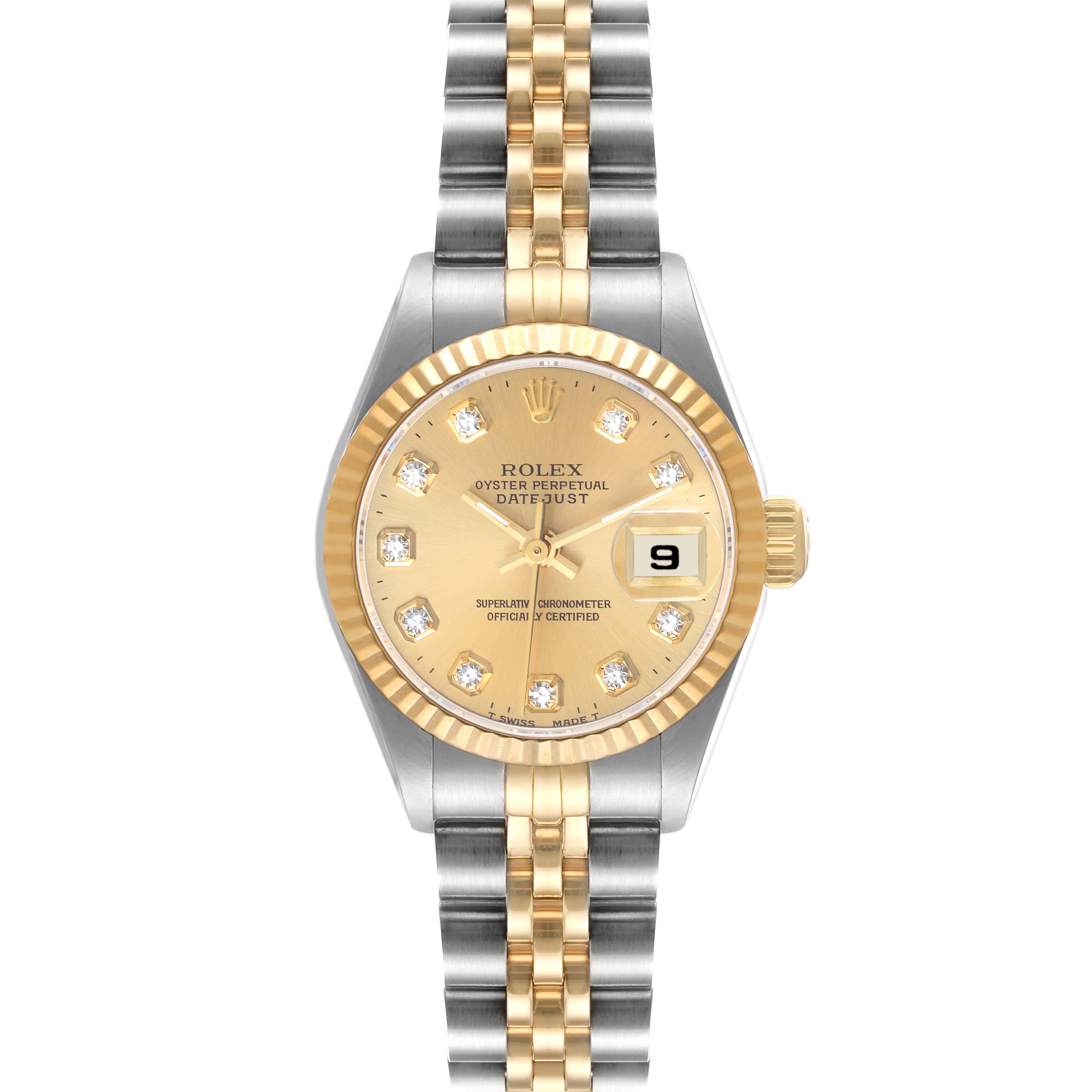 The image shows a front view of a Rolex Datejust 69173 Women's Steel and Gold (two tone) Champagne Dial 69173 Women's Steel and Gold (two tone) Champagne Dial watch with a gold dial, fluted bezel, and two-tone metal bracelet.