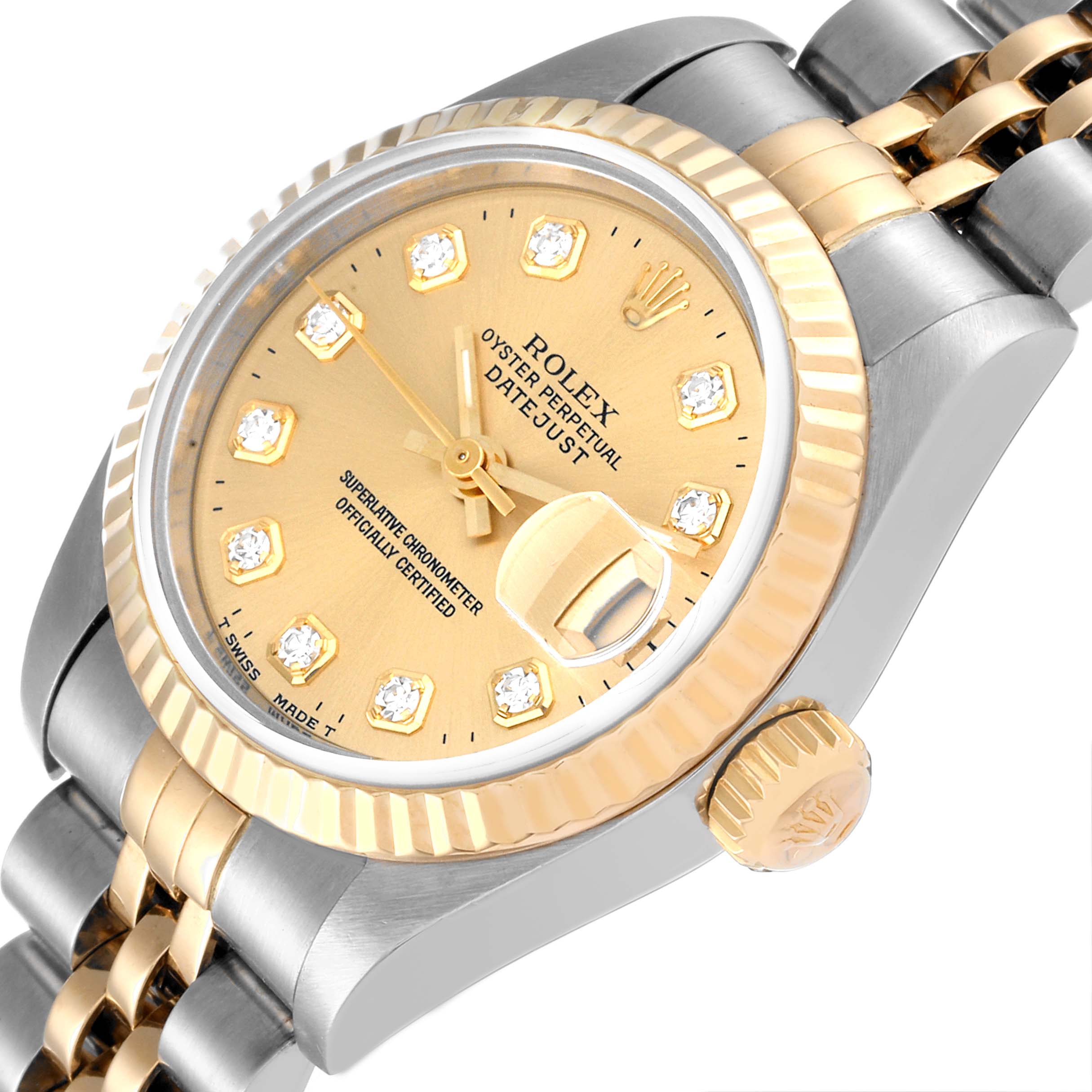 The image shows a close-up angled view of the Rolex Datejust 69173 Women's Steel and Gold (two tone) Champagne Dial 69173 Women's Steel and Gold (two tone) Champagne Dial model, highlighting its dial, crown, bezel, and part of the bracelet.