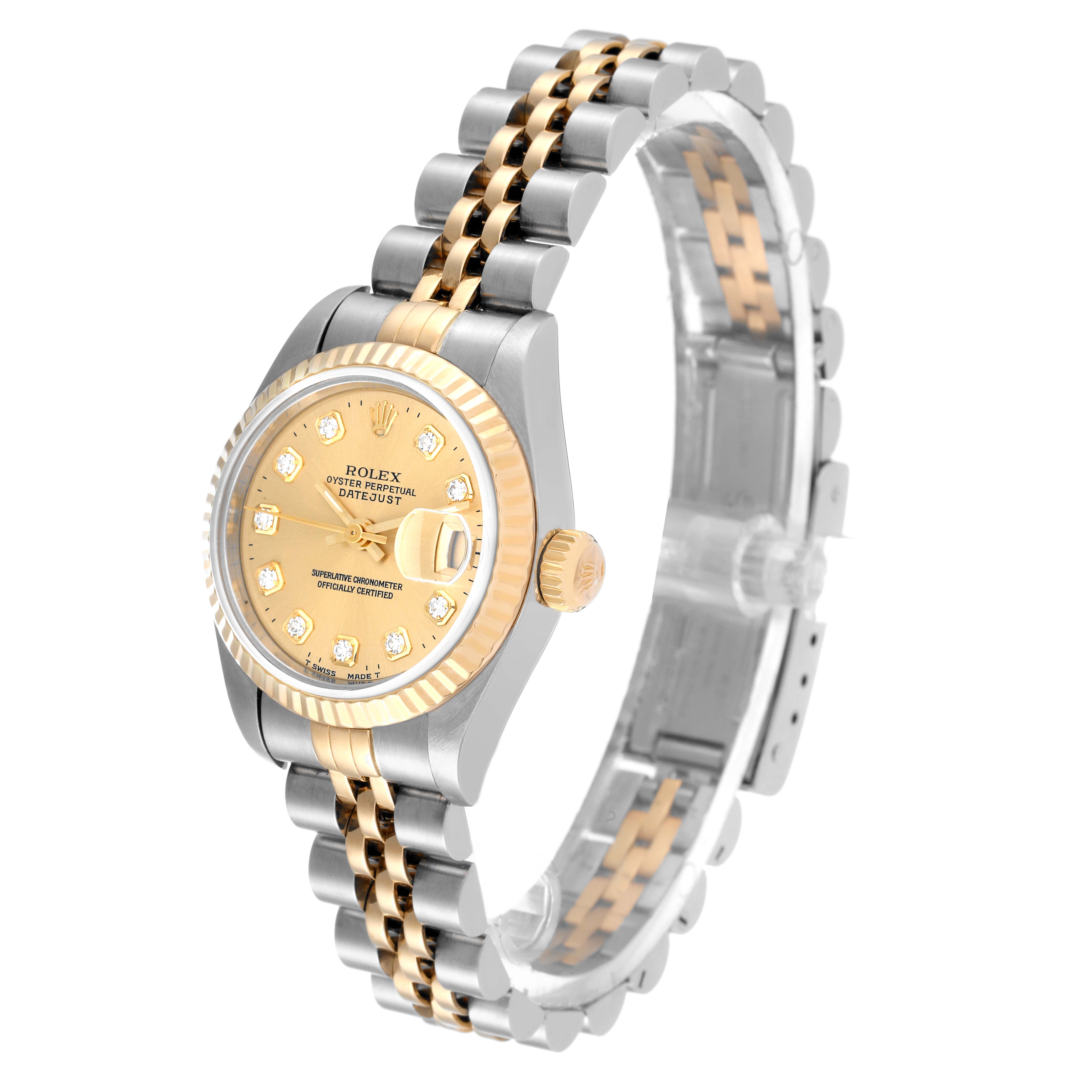The image shows a Rolex Datejust 69173 Women's Steel and Gold (two tone) Champagne Dial 69173 Women's Steel and Gold (two tone) Champagne Dial watch angled to display the face, bracelet, and crown, highlighting its two-tone design and diamond markers.