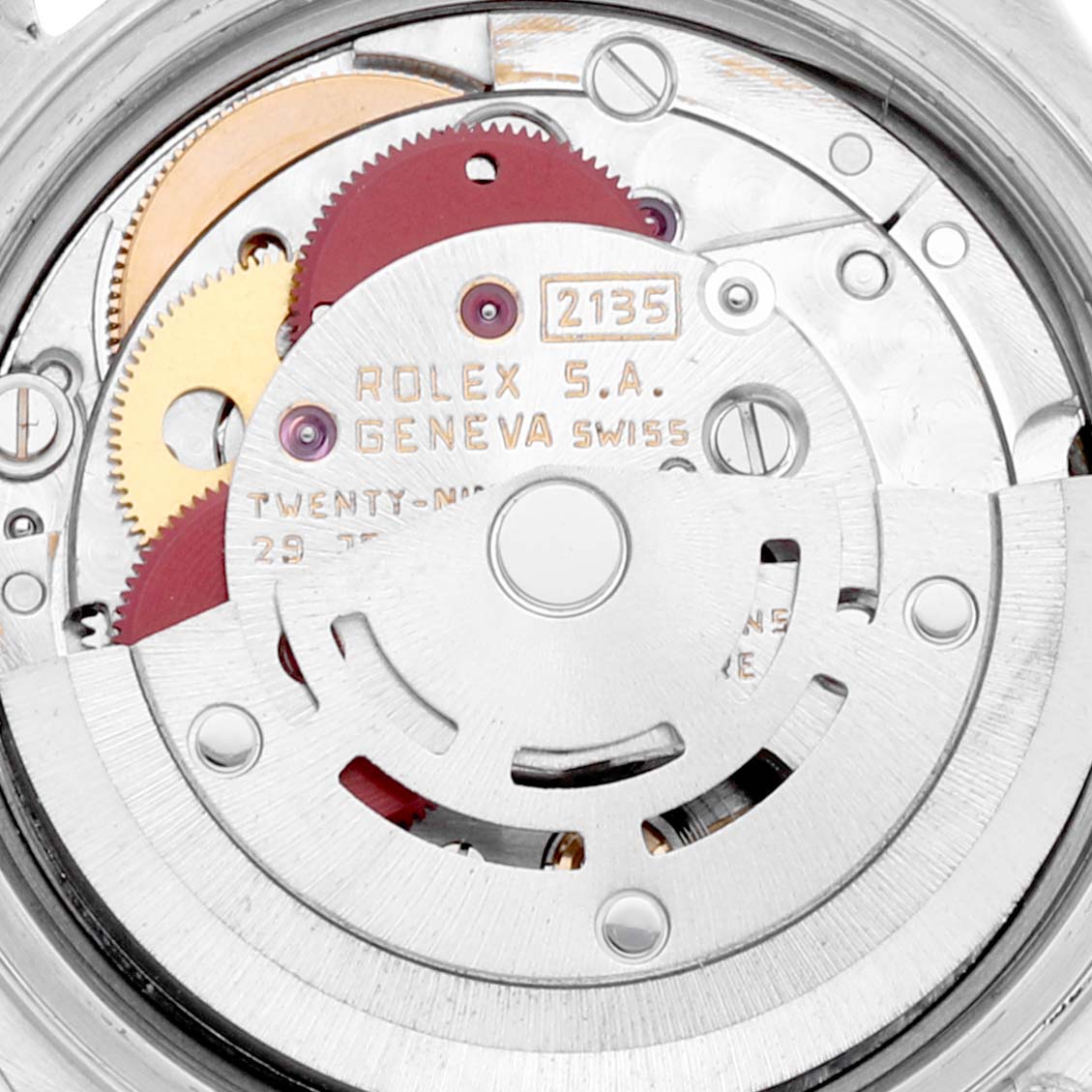 This image shows a close-up view of the internal movement mechanism of the Rolex Datejust 69173 Women's Steel and Gold (two tone) Champagne Dial 69173 Women's Steel and Gold (two tone) Champagne Dial watch.