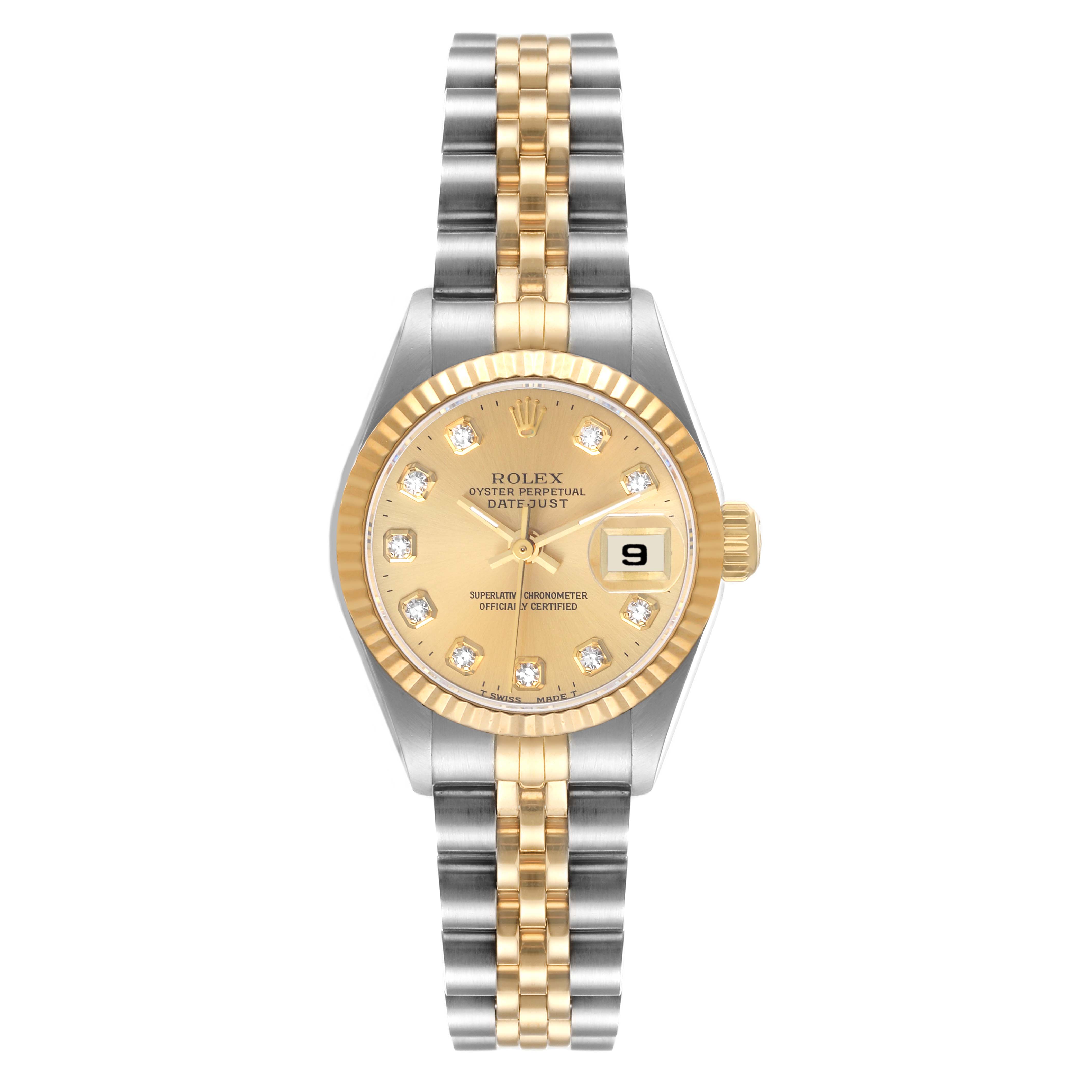 This image shows a Rolex Datejust 69173 Women's Steel and Gold (two tone) Champagne Dial 69173 Women's Steel and Gold (two tone) Champagne Dial watch in a straight-on angle, displaying the dial, bezel, case, and bracelet.