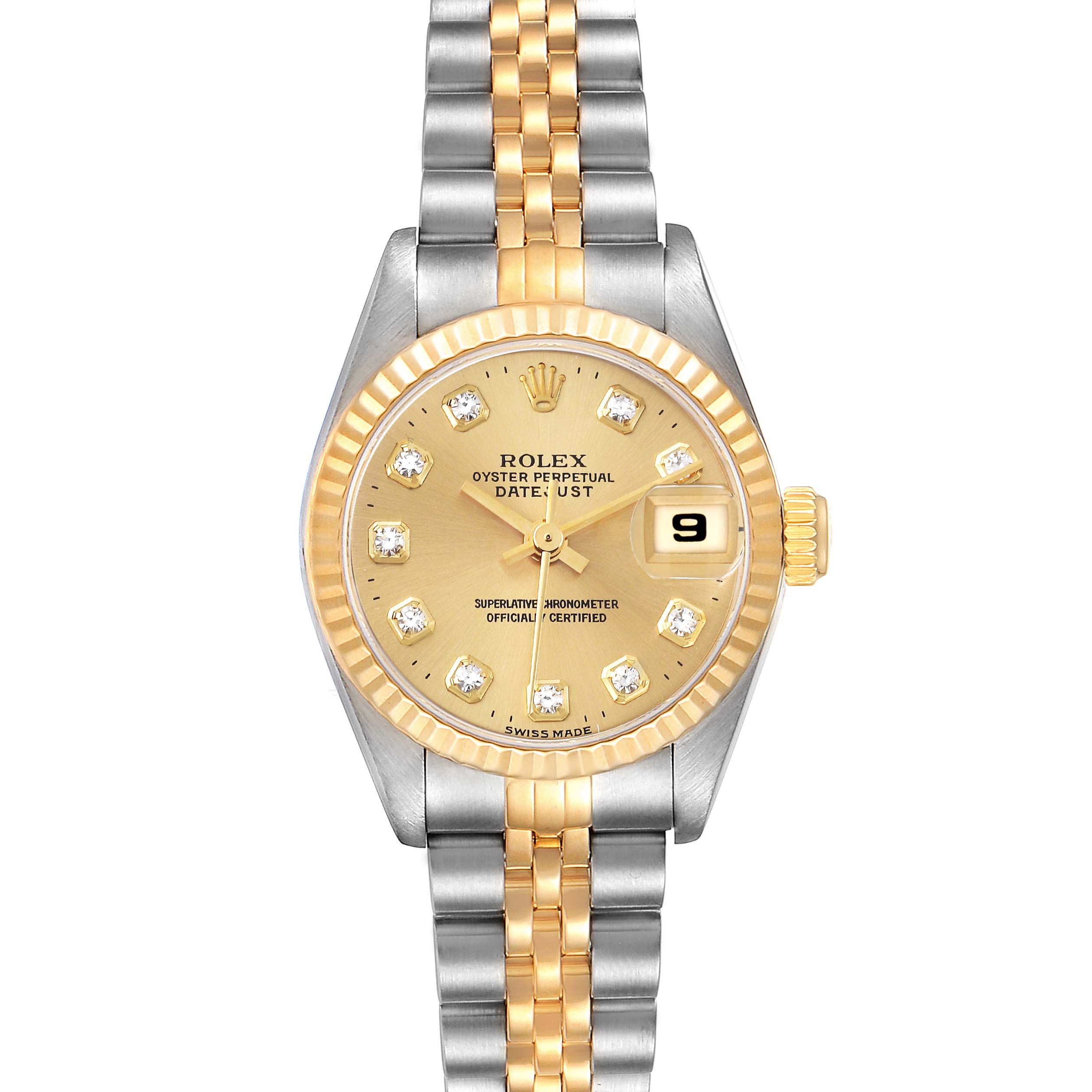 This image shows a Rolex Datejust 69173 Women's Steel and Gold (two tone) Champagne Dial 69173 Women's Steel and Gold (two tone) Champagne Dial watch from the front angle, highlighting its gold and silver bracelet, champagne dial, and fluted bezel.