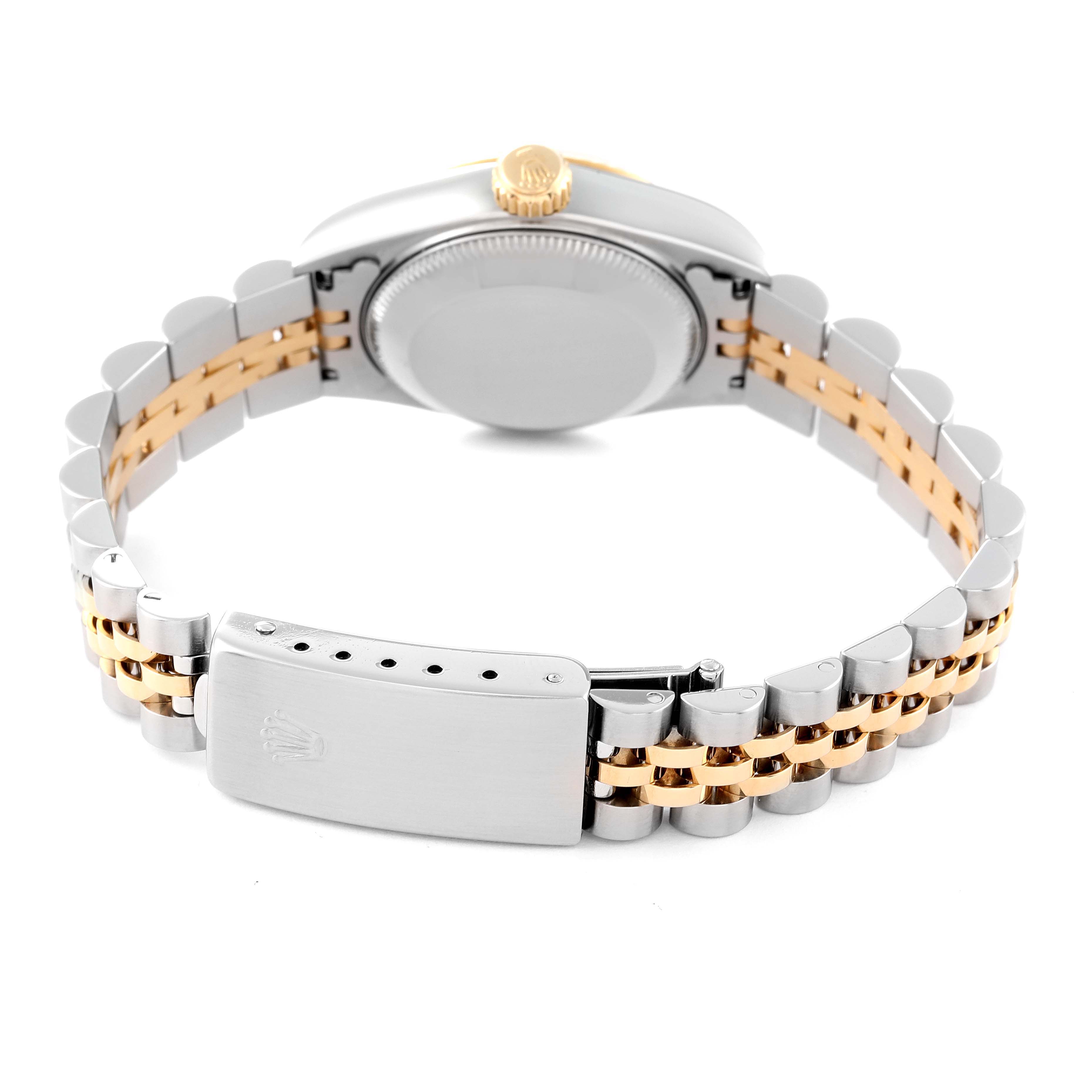 The image shows the back of a Rolex Datejust 69173 Women's Steel and Gold (two tone) Champagne Dial 69173 Women's Steel and Gold (two tone) Champagne Dial watch, highlighting the case back and the two-tone metal bracelet with a clasp.