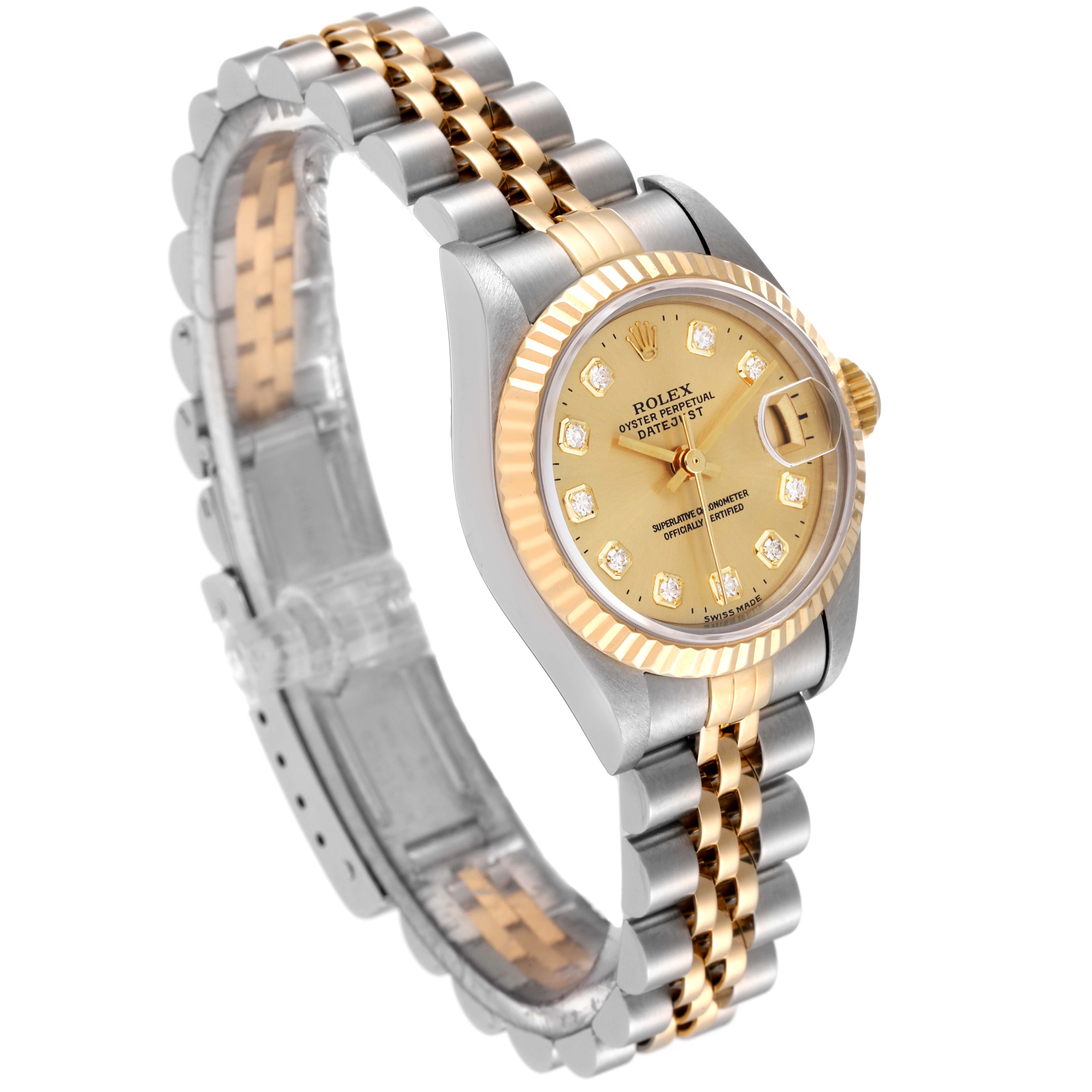 The image displays a Rolex Datejust 69173 Women's Steel and Gold (two tone) Champagne Dial 69173 Women's Steel and Gold (two tone) Champagne Dial watch at a slight angle, highlighting the face, bracelet, and clasp.