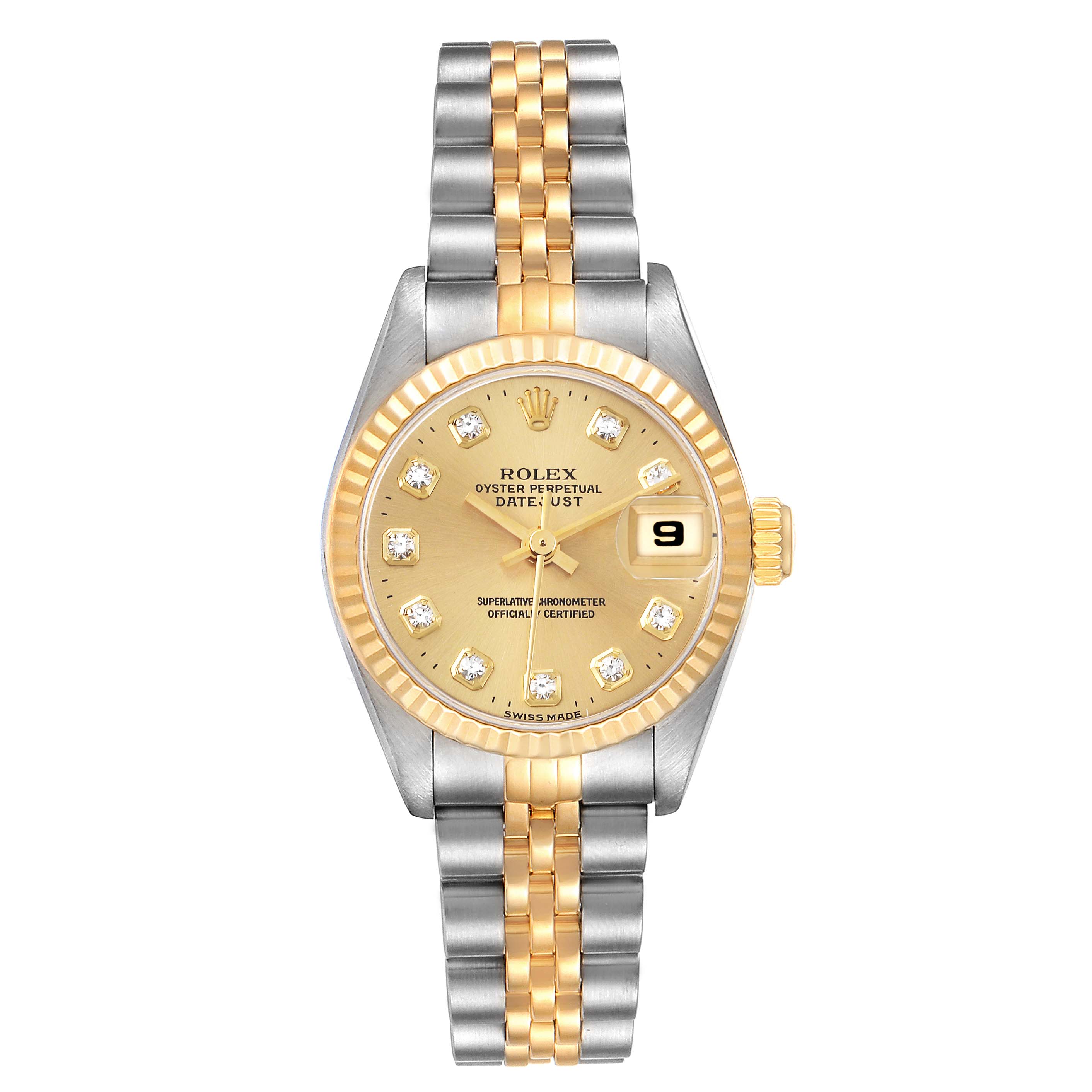 The Rolex Datejust 69173 Women's Steel and Gold (two tone) Champagne Dial 69173 Women's Steel and Gold (two tone) Champagne Dial watch is shown from the front, displaying the dial, bezel, hands, bracelet, and date window.