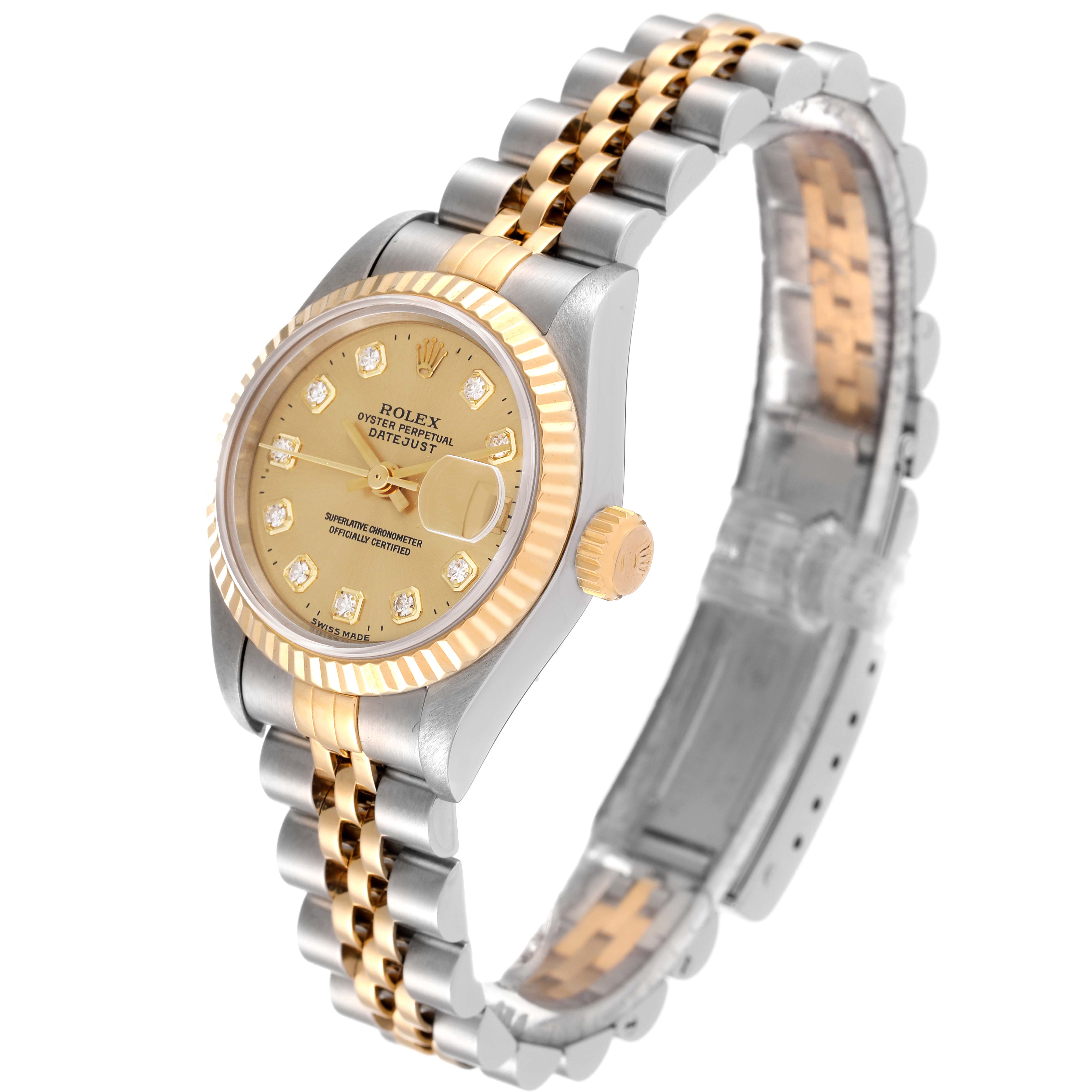 This image shows a Rolex Datejust 69173 Women's Steel and Gold (two tone) Champagne Dial 69173 Women's Steel and Gold (two tone) Champagne Dial watch at an angle highlighting the watch face, bezel, and bracelet.