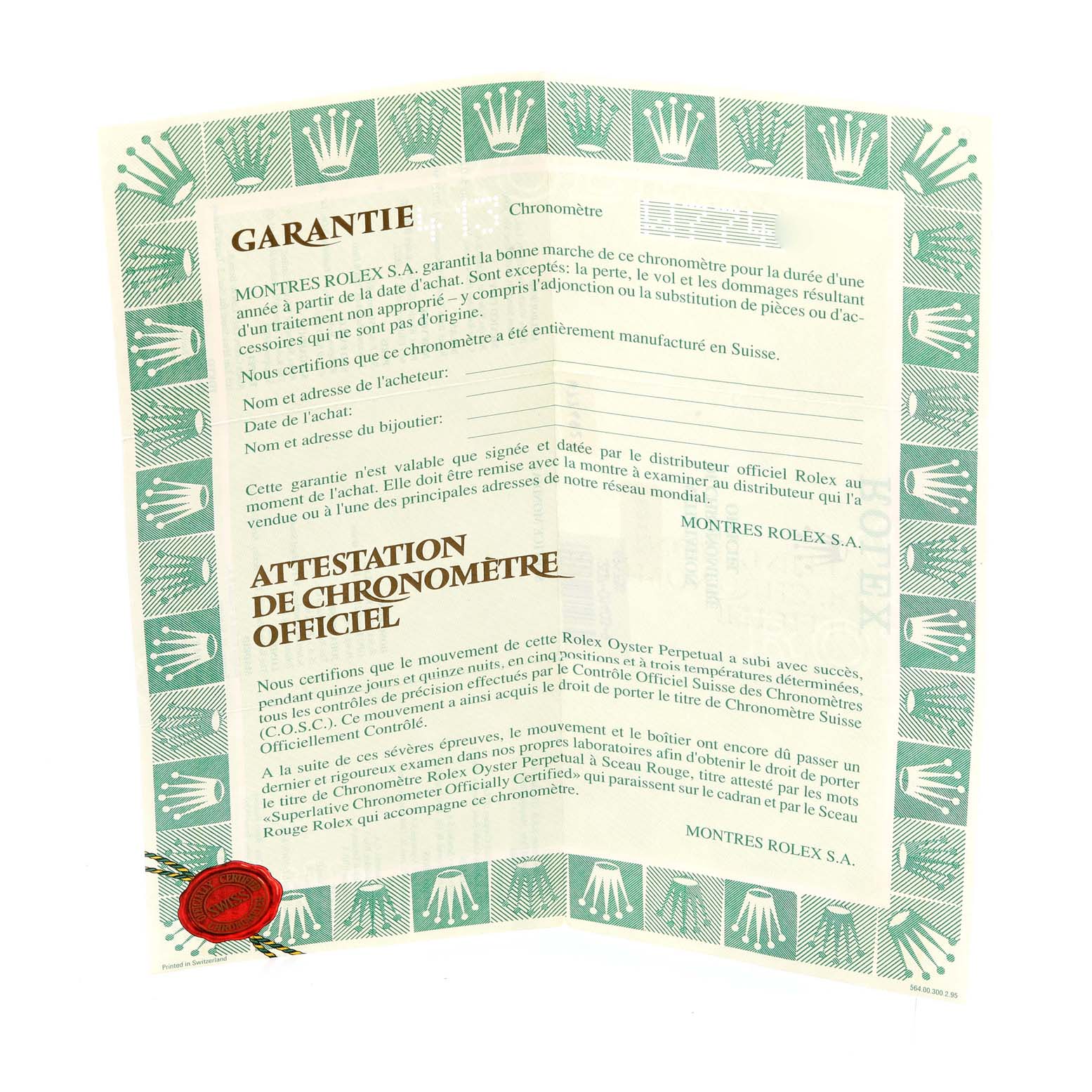 This document shows the official warranty and certification papers for the Rolex Datejust 69173 Women's Steel and Gold (two tone) Champagne Dial 69173 Women's Steel and Gold (two tone) Champagne Dial watch model.