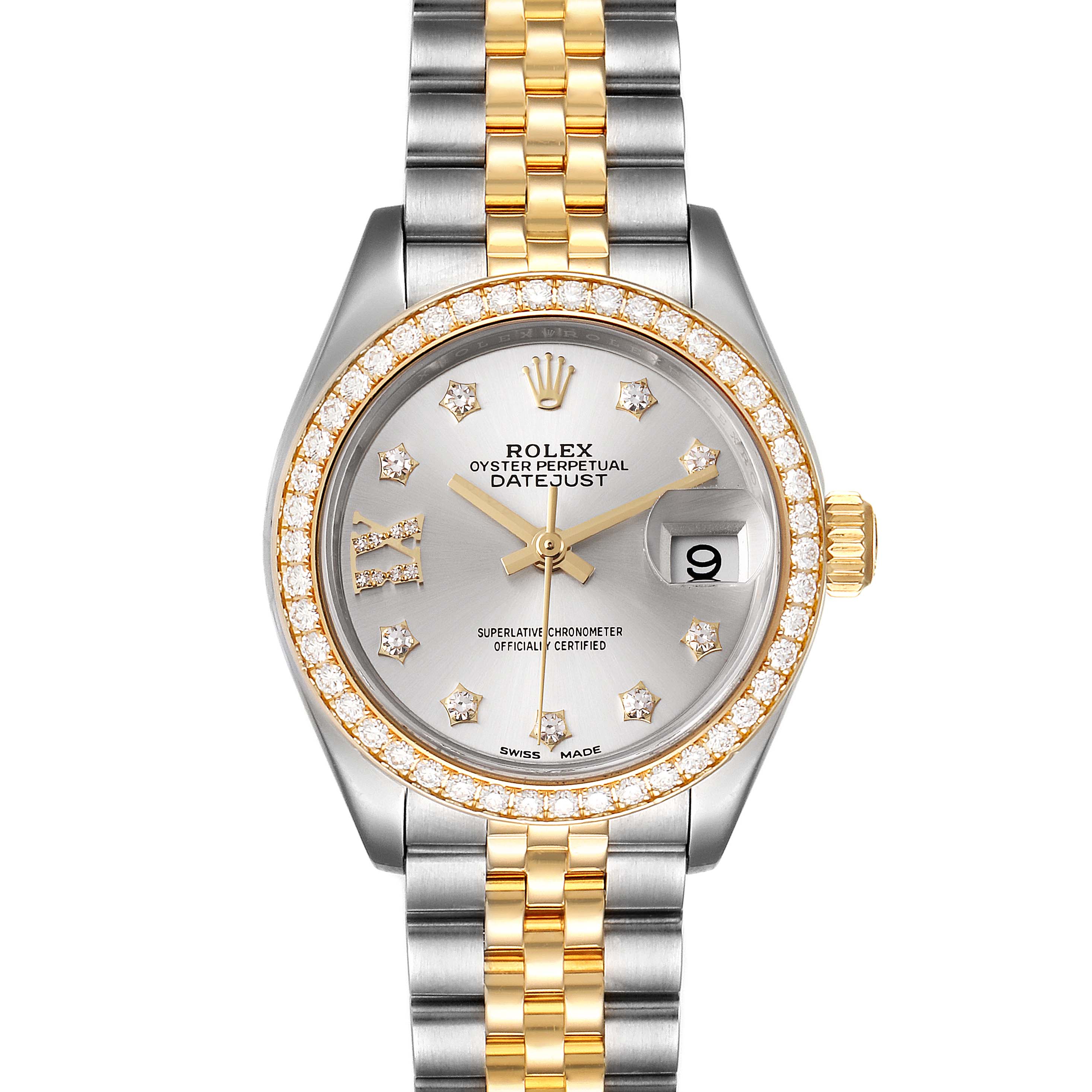 This is a head-on view of a Rolex Datejust 279383 Women
s Steel and Gold (two tone) Silver Dial 279383 Women
s Steel and Gold (two tone) Silver Dial watch showing the dial, bezel, and part of the bracelet.