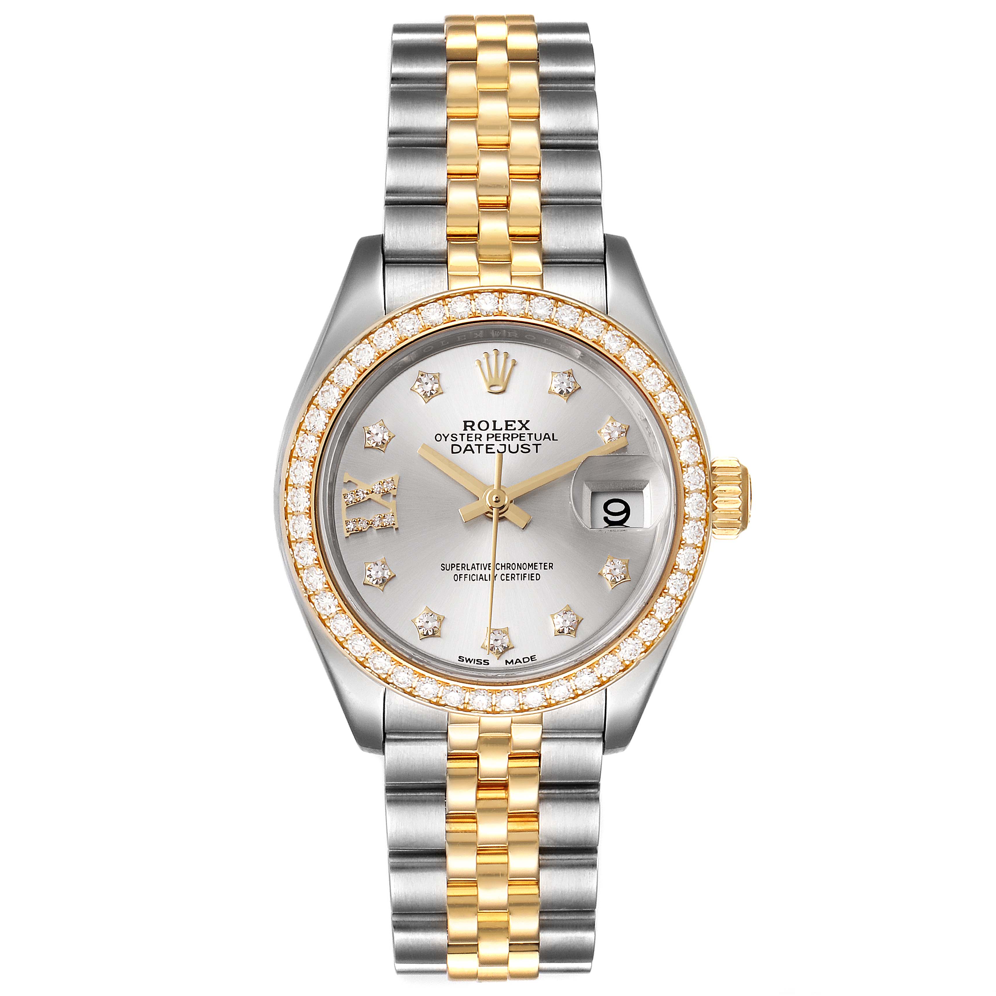 This image shows the face, bezel, and bracelet of a Rolex Datejust 279383 Women
s Steel and Gold (two tone) Silver Dial 279383 Women
s Steel and Gold (two tone) Silver Dial watch, viewed from a centered top-down angle.