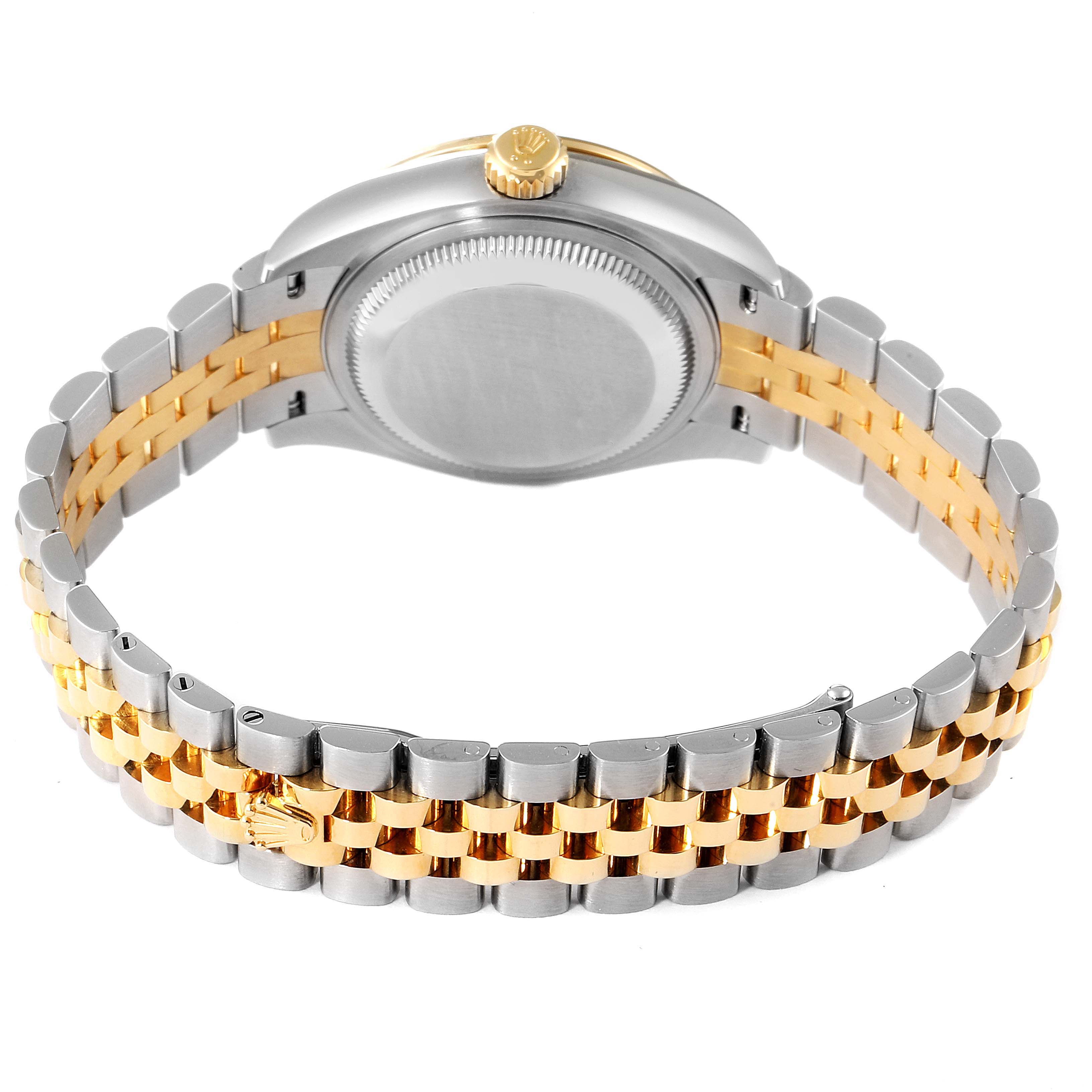 This image shows the back case and bracelet of a Rolex Datejust 279383 Women
s Steel and Gold (two tone) Silver Dial 279383 Women
s Steel and Gold (two tone) Silver Dial watch, highlighting the two-tone metal finish.