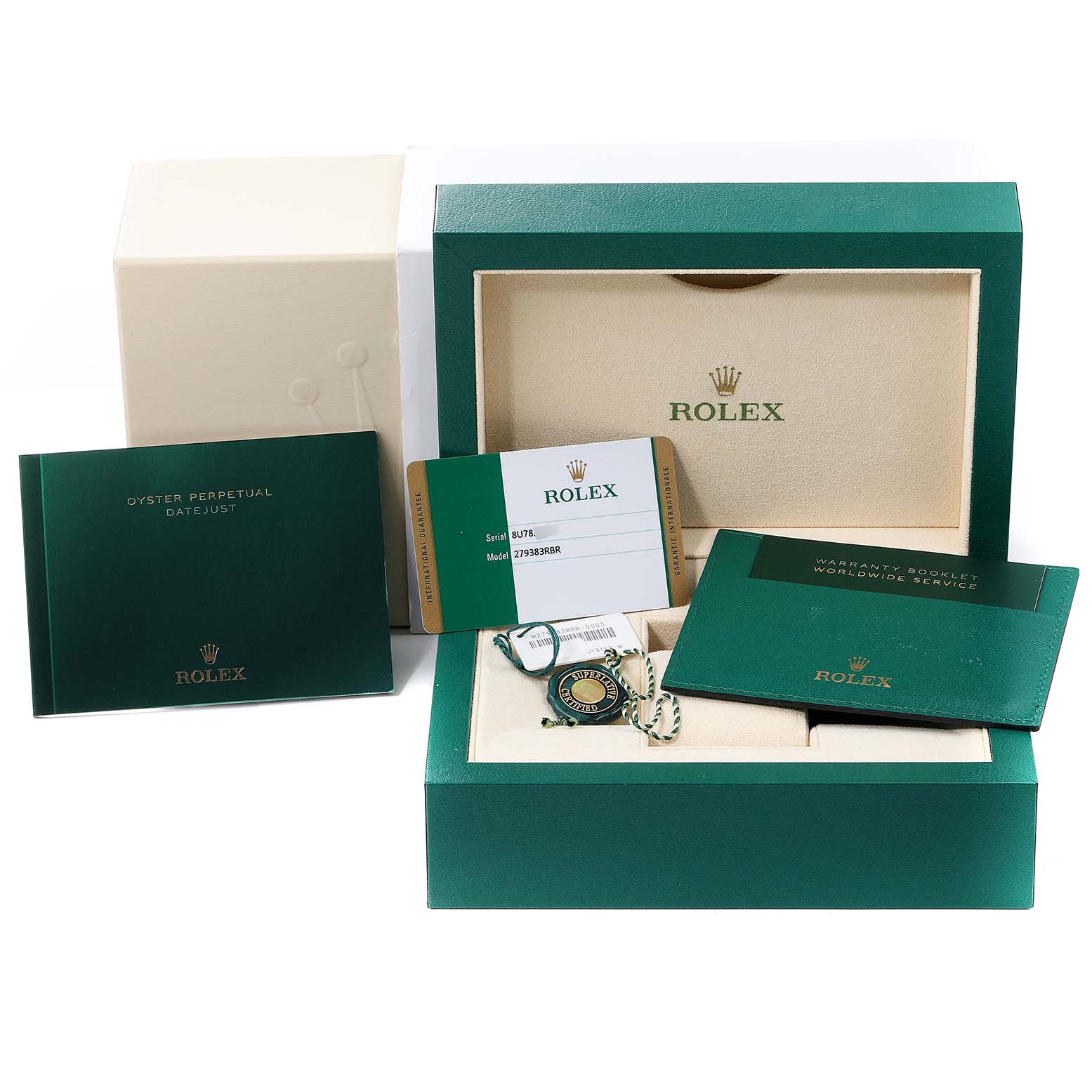 This image shows the packaging and accessories for a Rolex Datejust 279383 Women
s Steel and Gold (two tone) Silver Dial 279383 Women
s Steel and Gold (two tone) Silver Dial watch, including booklets, a warranty card, and tags.