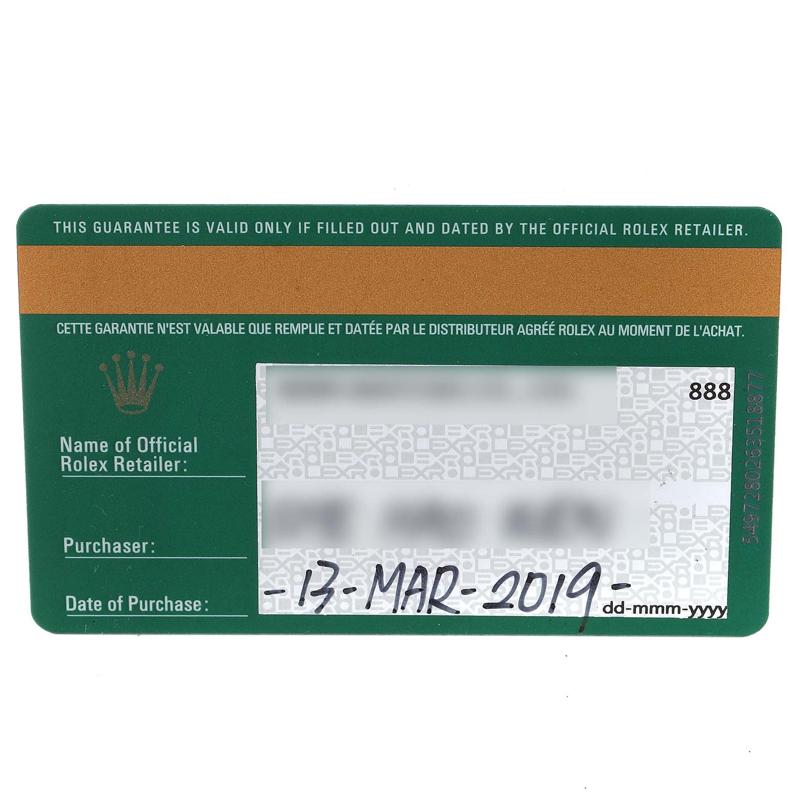 This image shows the guarantee card for the Rolex Datejust 279383 Women
s Steel and Gold (two tone) Silver Dial 279383 Women
s Steel and Gold (two tone) Silver Dial model from an official retailer, including purchase date details.