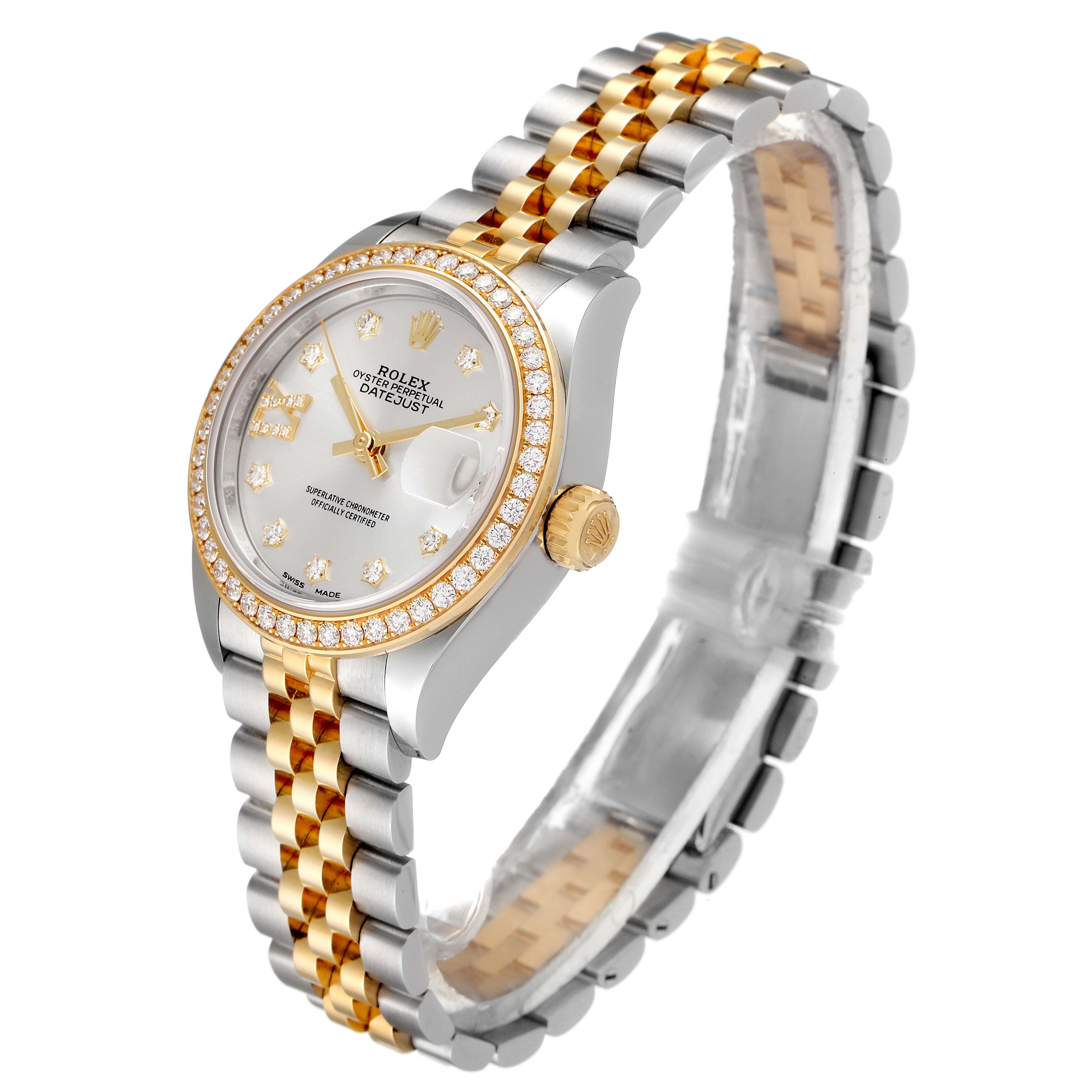 This image shows a side angle of a Rolex Datejust 279383 Women
s Steel and Gold (two tone) Silver Dial 279383 Women
s Steel and Gold (two tone) Silver Dial watch, highlighting its two-tone bracelet, diamond bezel, and face.
