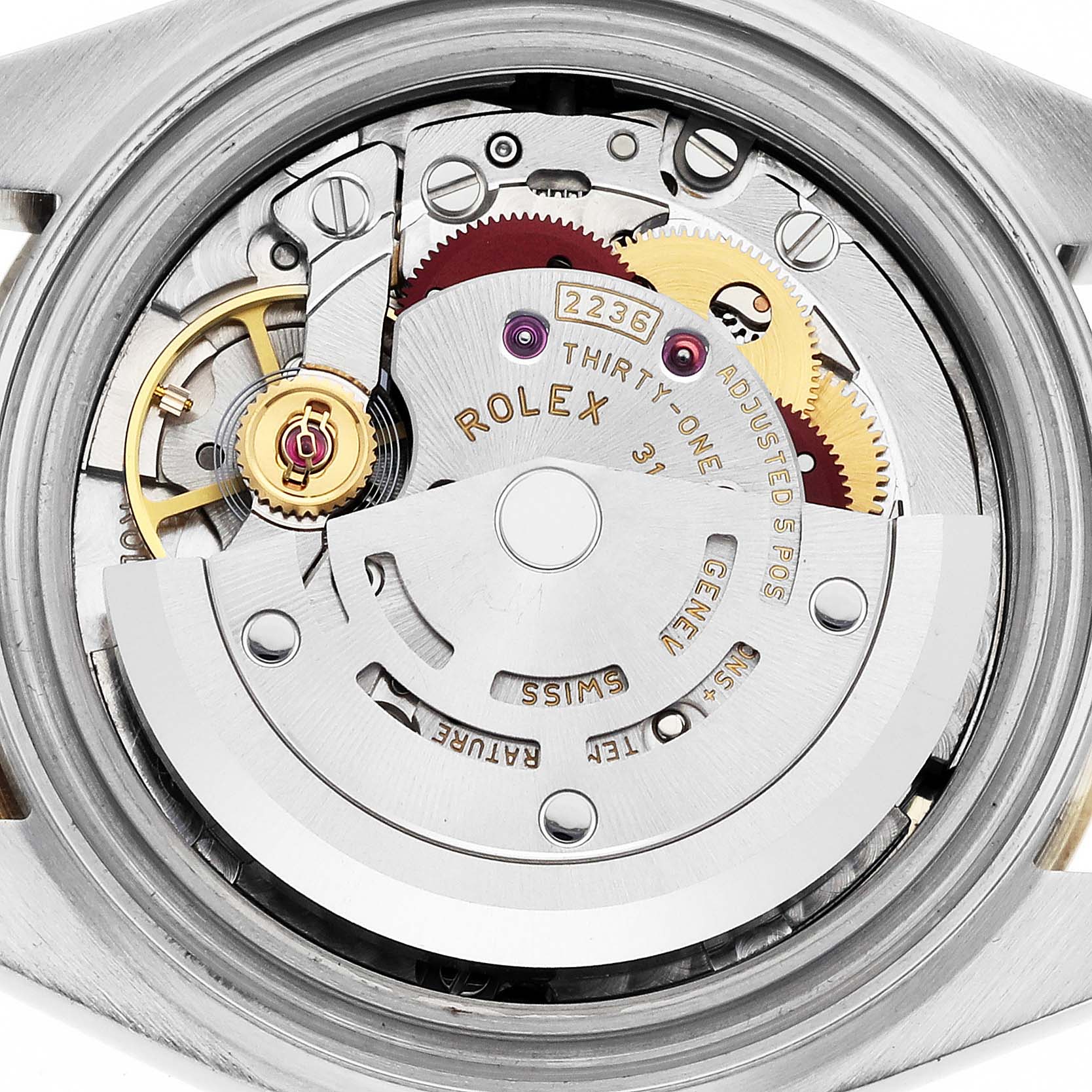 The image shows the movement of a Rolex Datejust 279173 Women's Steel and Gold (two tone) Champagne Dial 279173 Women's Steel and Gold (two tone) Champagne Dial, viewed from the back with visible gears and the rotor.