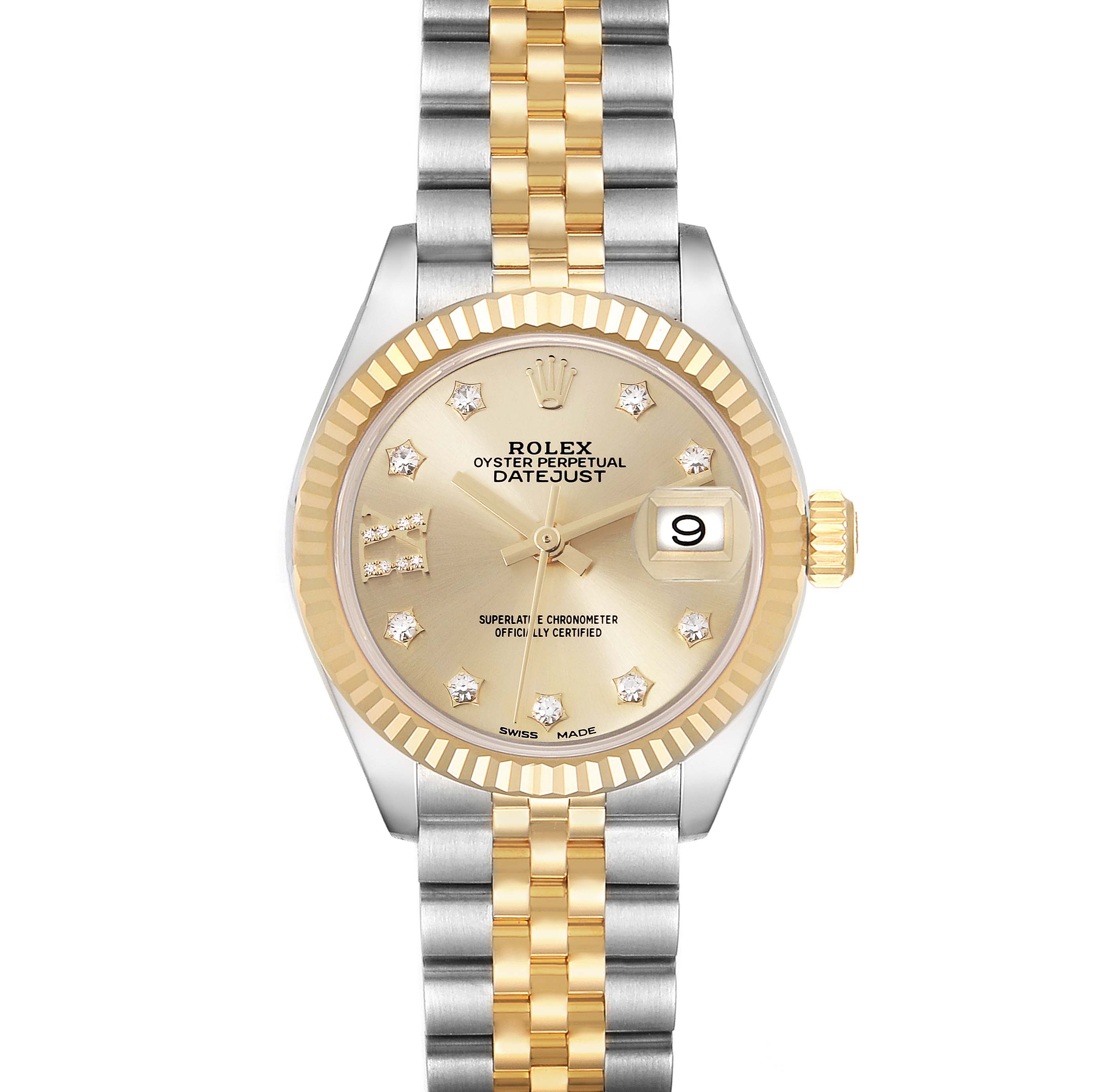 The Rolex Datejust 279173 Women's Steel and Gold (two tone) Champagne Dial 279173 Women's Steel and Gold (two tone) Champagne Dial watch is shown from a top-down angle, displaying its face, bezel, and two-tone bracelet.