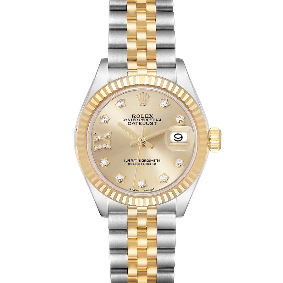 The Rolex Datejust watch is shown from a top-down angle, displaying its face, bezel, and two-tone bracelet.