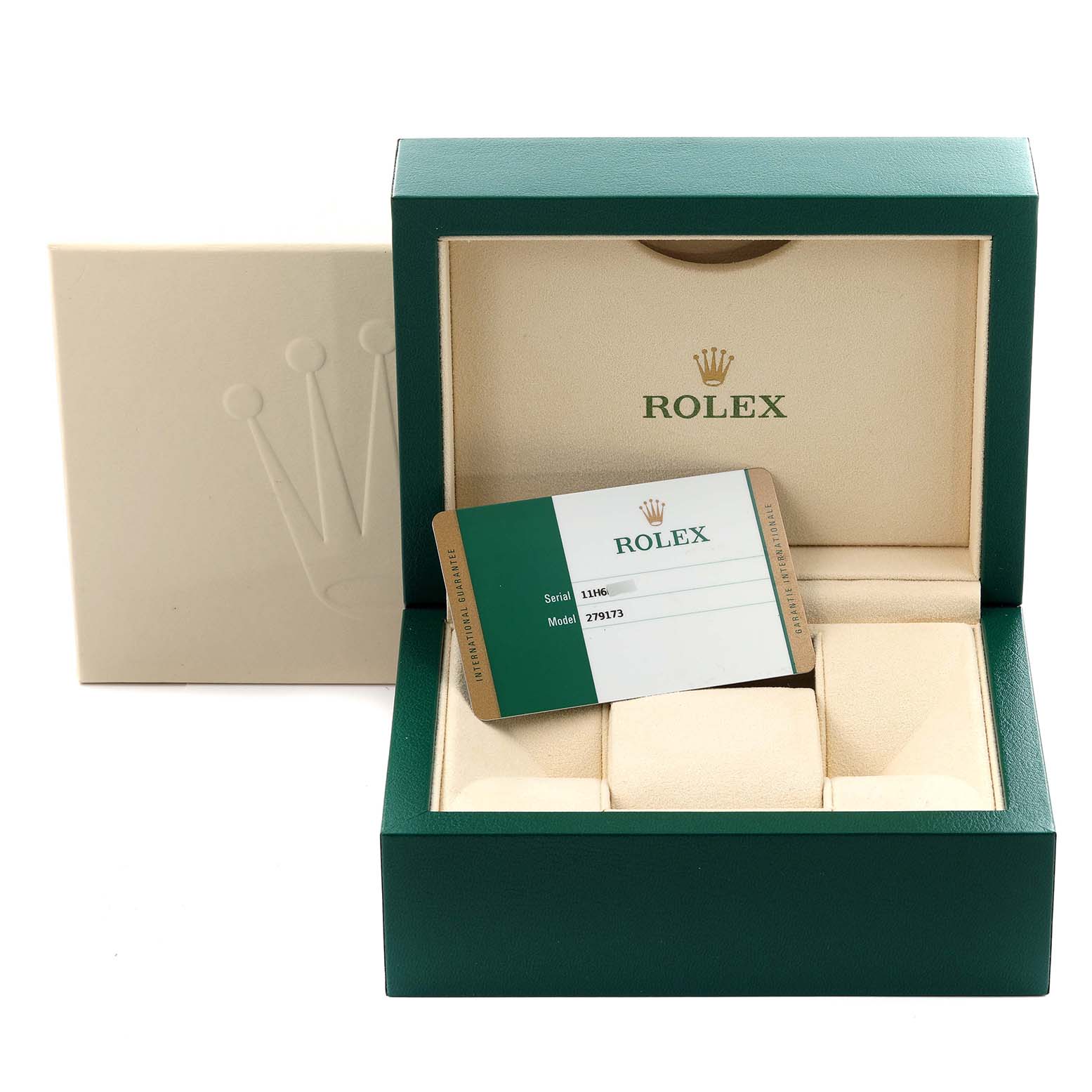 The image shows an open Rolex Datejust 279173 Women's Steel and Gold (two tone) Champagne Dial 279173 Women's Steel and Gold (two tone) Champagne Dial watch box with a warranty card displayed.