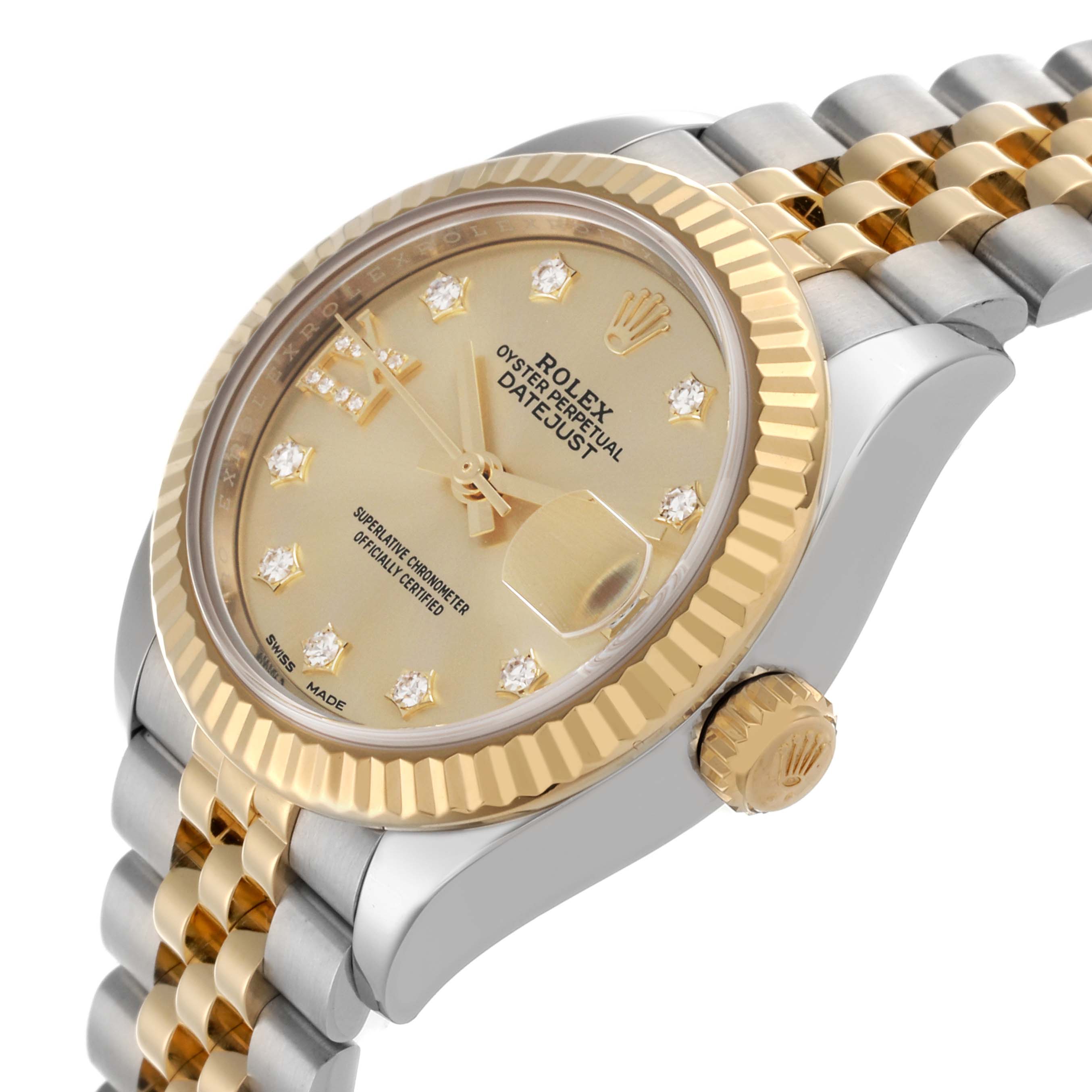 The Rolex Datejust 279173 Women's Steel and Gold (two tone) Champagne Dial 279173 Women's Steel and Gold (two tone) Champagne Dial is shown at an angle displaying the face, side of the case, and part of the bracelet.