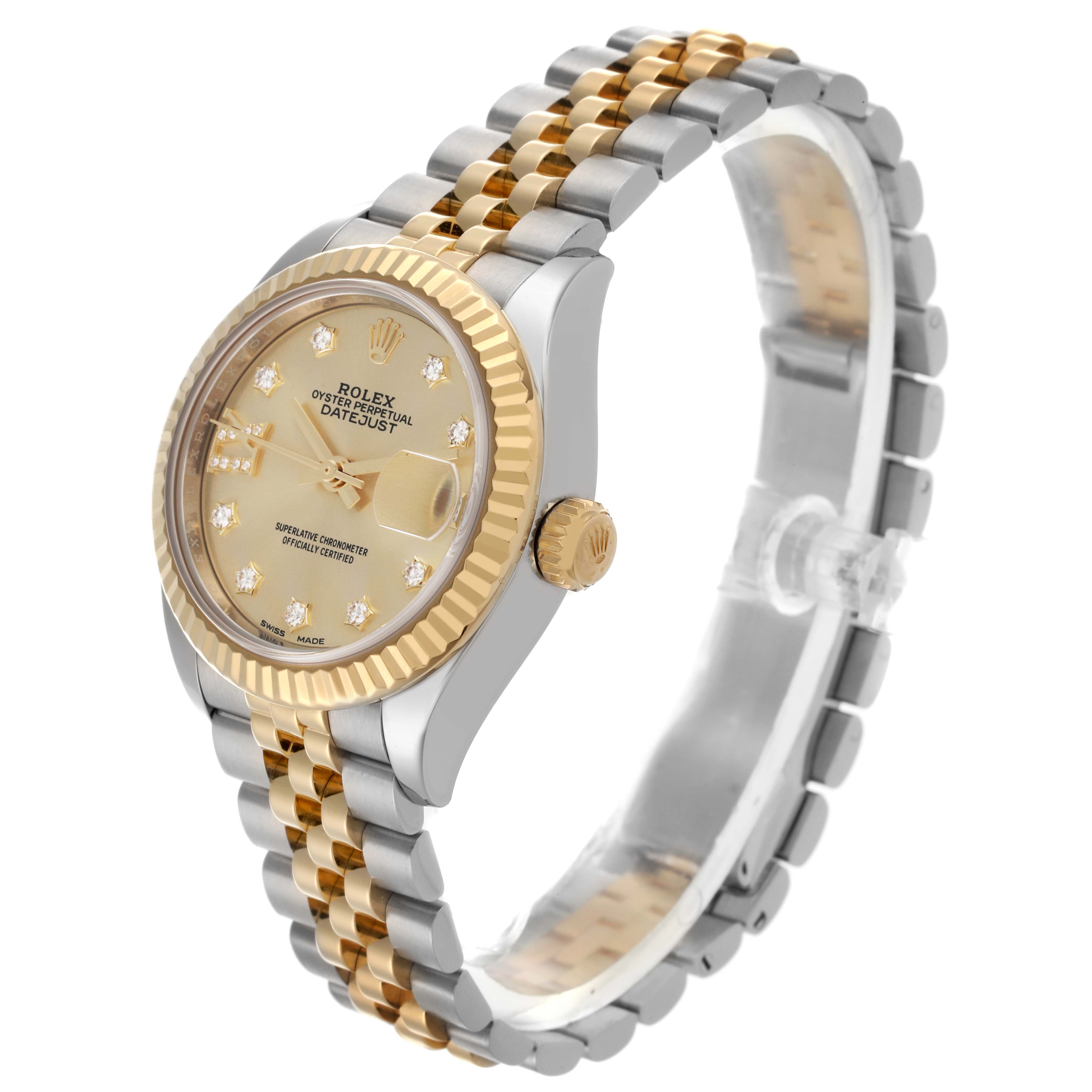 The Rolex Datejust 279173 Women's Steel and Gold (two tone) Champagne Dial 279173 Women's Steel and Gold (two tone) Champagne Dial watch is shown at a right angle, displaying the face, bezel, crown, and two-tone bracelet.