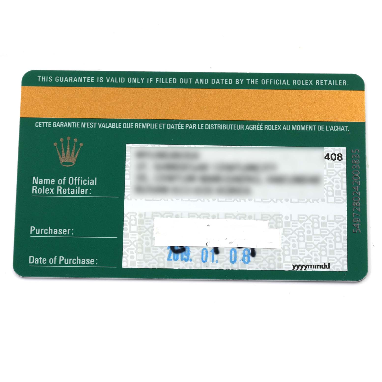 The image shows a warranty card for a Rolex Datejust 279173 Women's Steel and Gold (two tone) Champagne Dial 279173 Women's Steel and Gold (two tone) Champagne Dial watch, viewed from above.