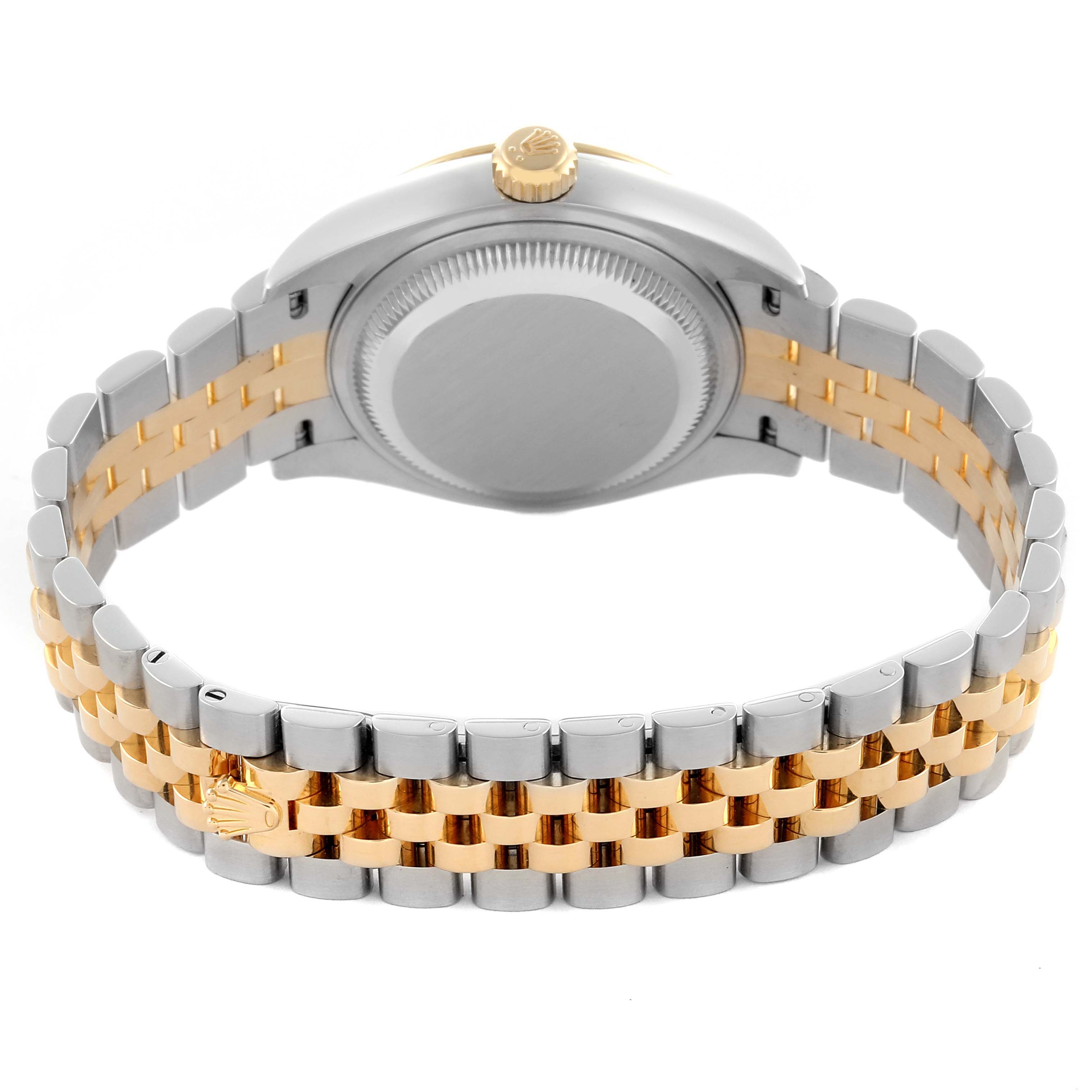 The image shows the Rolex Datejust 279173 Women's Steel and Gold (two tone) Champagne Dial 279173 Women's Steel and Gold (two tone) Champagne Dial watch from the back, highlighting the two-tone Jubilee bracelet and case back.