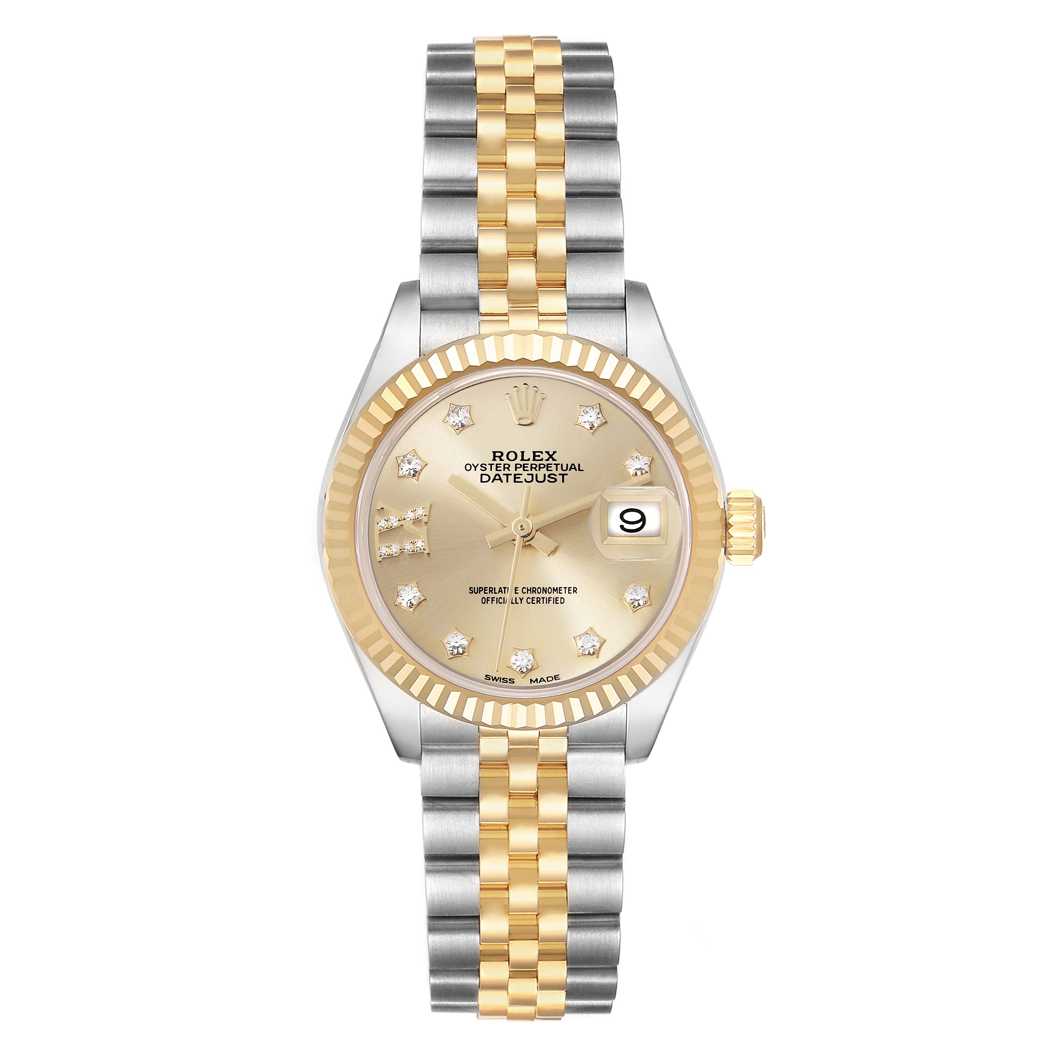 The Rolex Datejust 279173 Women's Steel and Gold (two tone) Champagne Dial 279173 Women's Steel and Gold (two tone) Champagne Dial watch is shown from above, highlighting the dial, bezel, and two-tone bracelet.