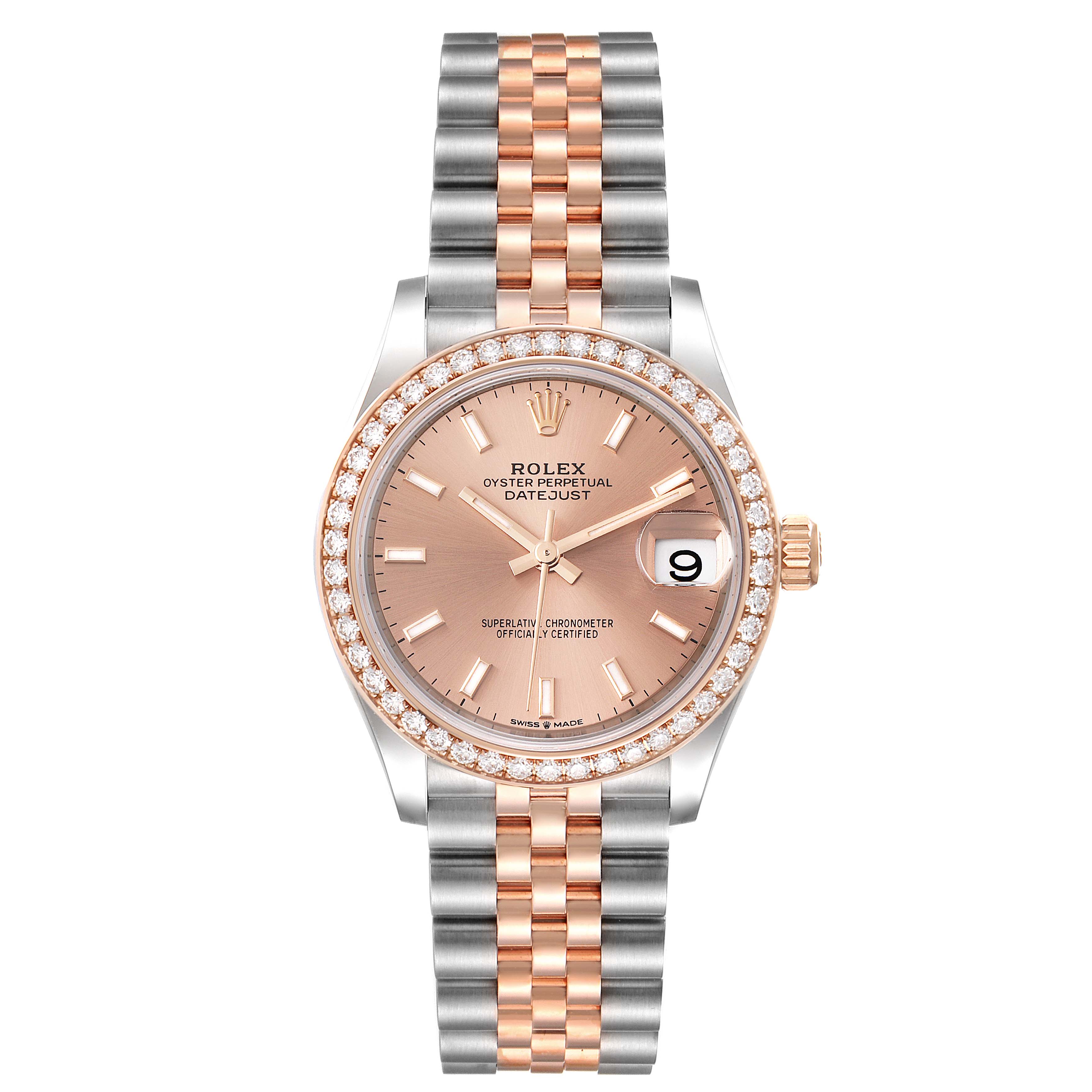 This image shows a front view of a Rolex Mid-Size 278381 Women's Steel and Gold (two tone) Pink Dial 278381 Women's Steel and Gold (two tone) Pink Dial Oyster Perpetual Datejust watch, displaying its face, bezel, and bracelet.