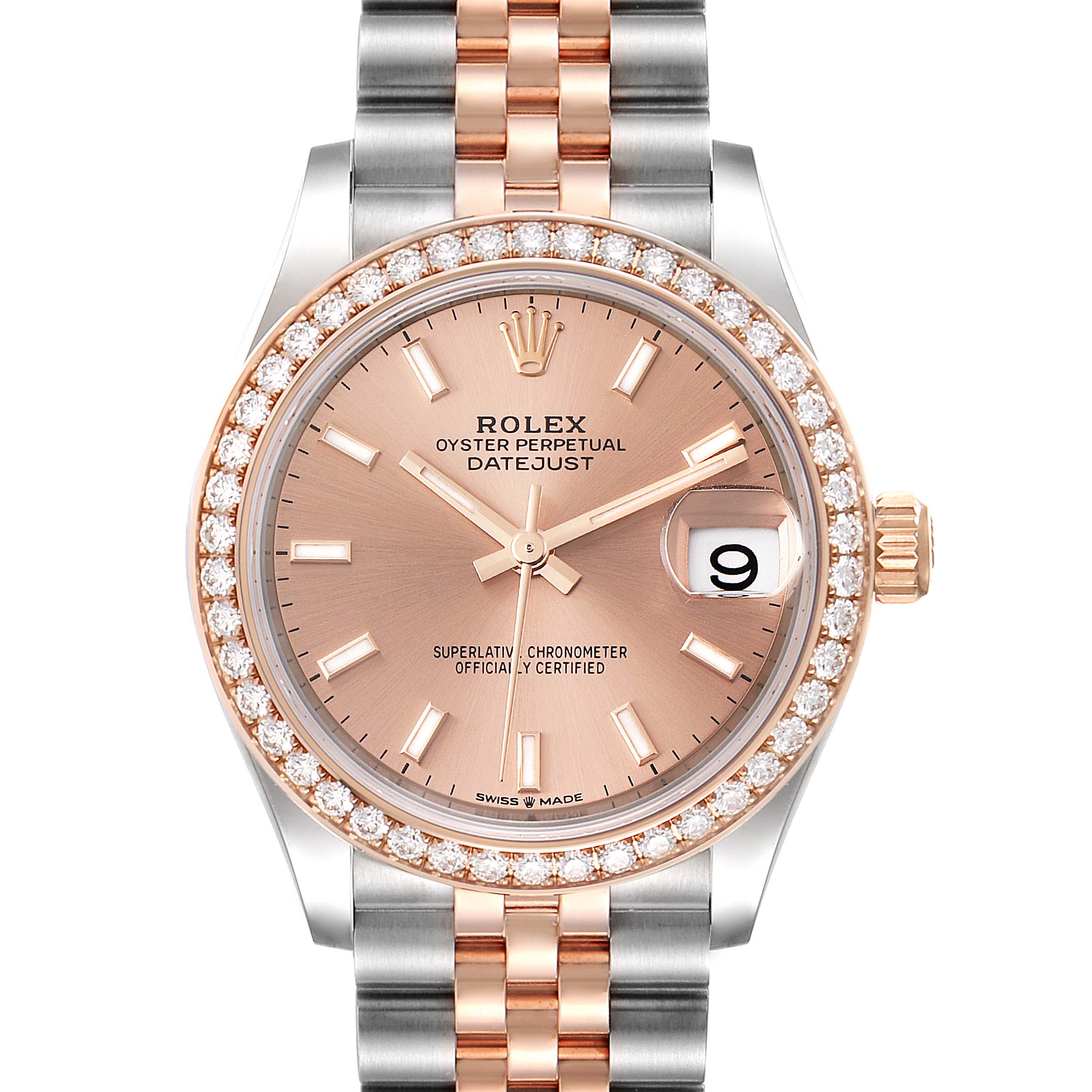 The image shows a Rolex Mid-Size 278381 Women's Steel and Gold (two tone) Pink Dial 278381 Women's Steel and Gold (two tone) Pink Dial Datejust watch with a two-tone bracelet, rose gold dial, and diamond-set bezel, viewed from the front.